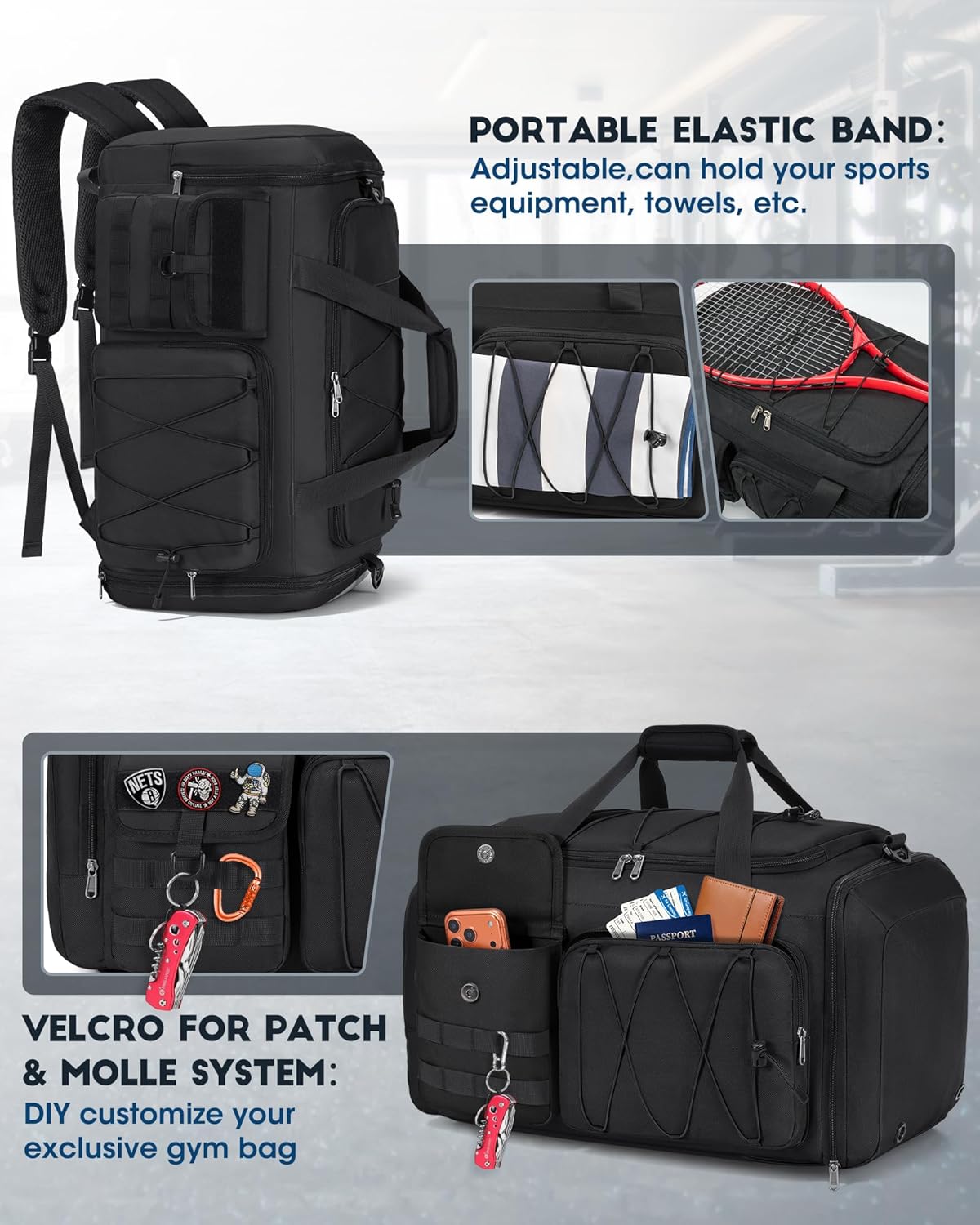 SDYSM Gym Bag for Men 45L Sports Duffel Bags 3-in-1 Travel Duffel Bag with Shoe Compartment, Gym Workout Backpack Carry On Weekender Bag Overnight Bag for Travel, Black - Image 6