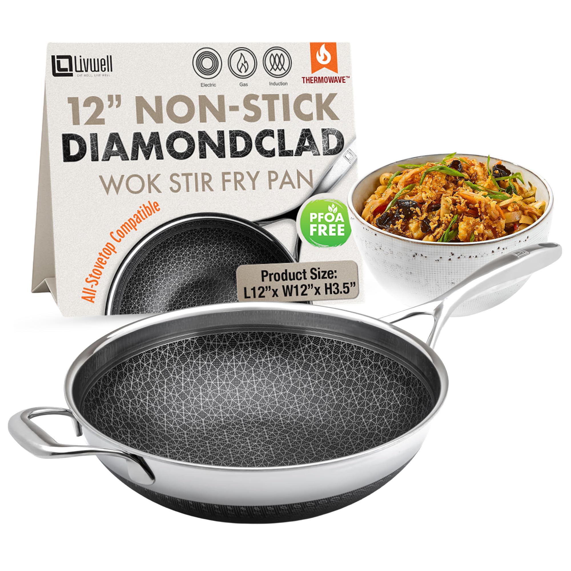 LIVWELL DiamondClad 12-inch Nonstick Hybrid Wok Stir Fry Pan - Holiday & Christmas Home and Kitchen Gift - Stainless Steel Wok - Dishwasher and Oven Safe - PFOA-free - Hybrid Cookware - Silver/Black