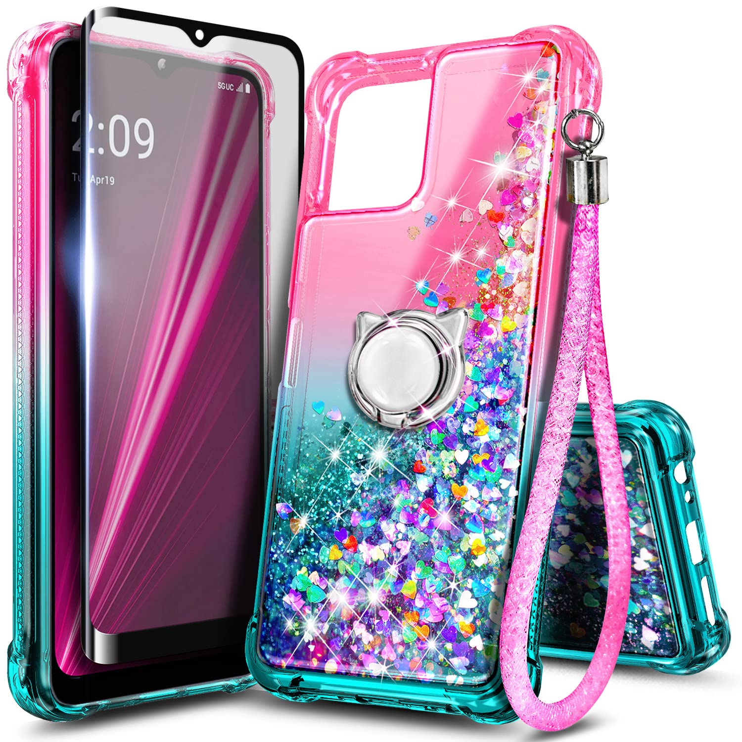 NZND Compatible with T-Mobile REVVL 6 5G / REVVL 6X 5G Case with Tempered Glass Screen Protector, Ring Holder/Wrist Strap, Glitter Liquid Floating