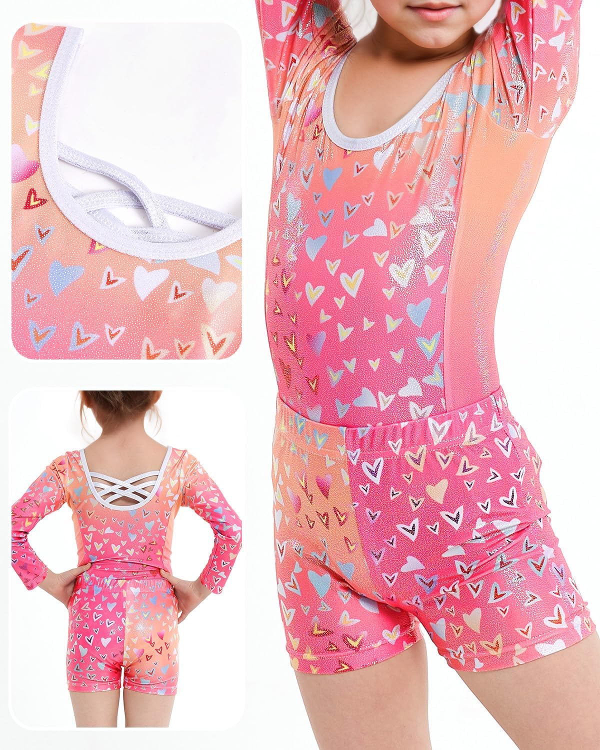 JiAmy Gymnastics Leotards for Girls Cross Back, Long Sleeve Sparkly Dance Biketards with Shorts Ballet Outfit for 3-12 Years - Image 3