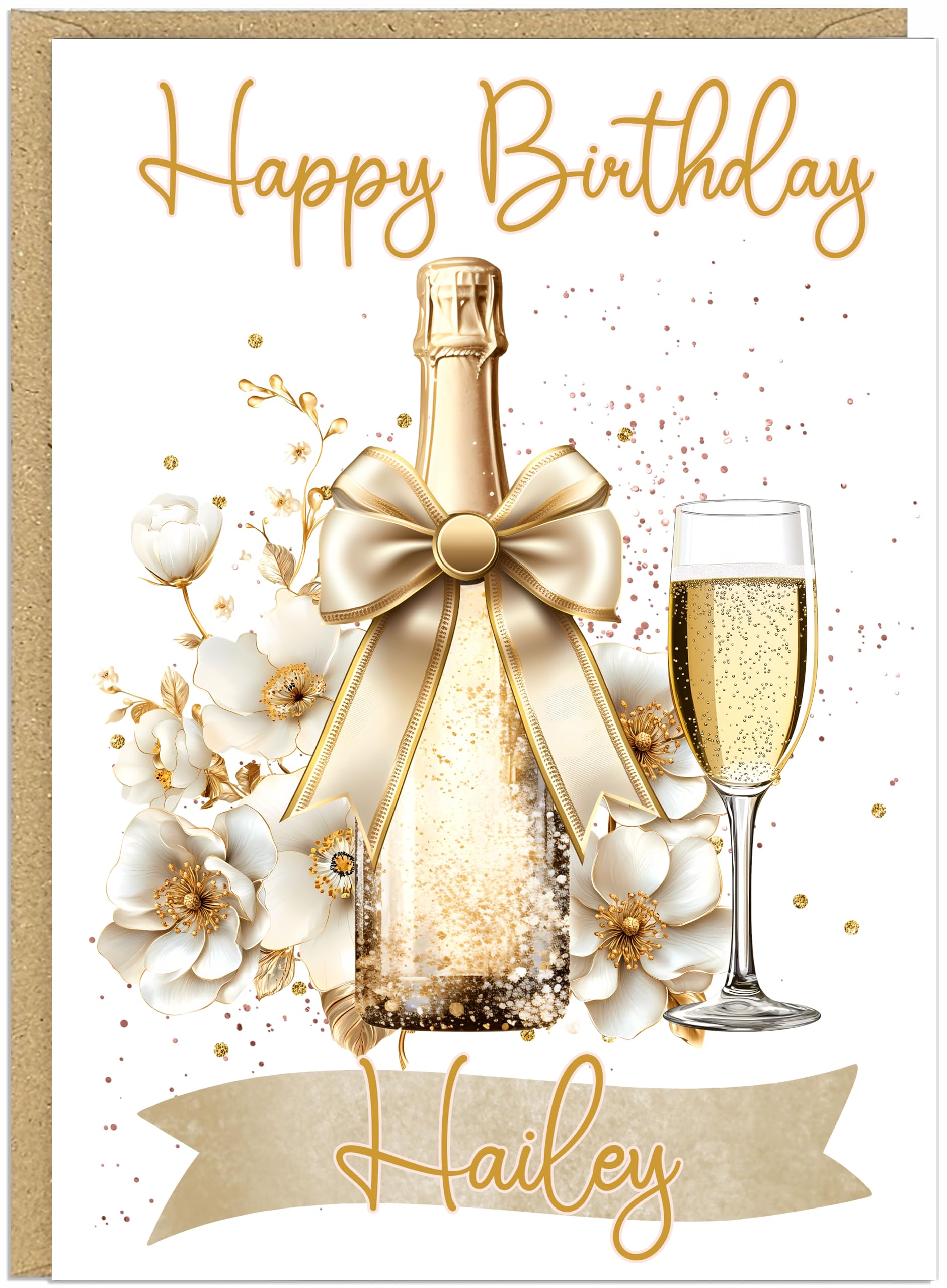 Personalised Pink Champagne Birthday Cards for Her - Luxury Prosecco - 5 Colours Including Rose Gold Blush Pink Customised Own Name and Text A5 Female Alcohol Themed Card (Gold)
