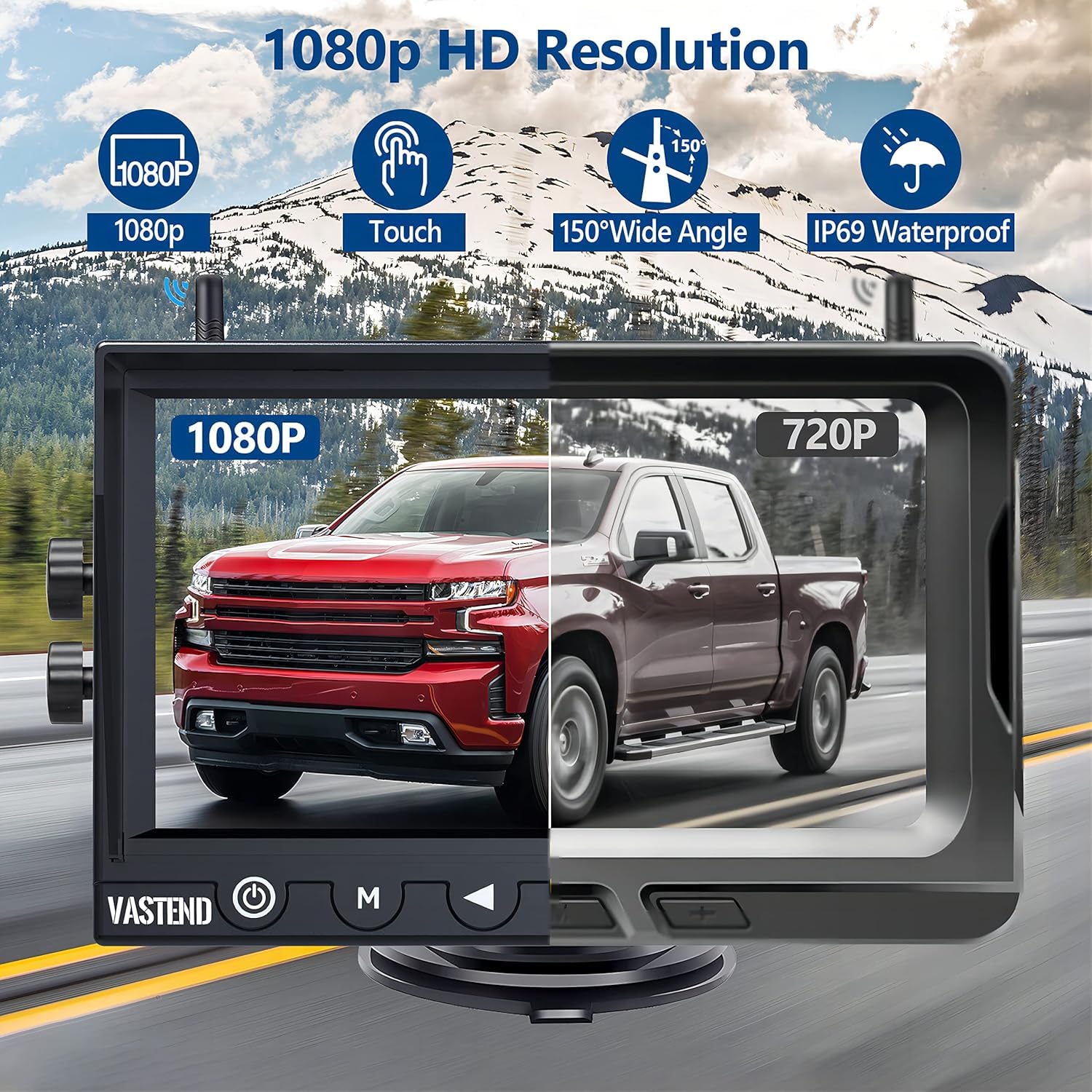 VASTEND V01 Telecamera per la Retromarcia Senza Fili HD 7'' 1080P Monitor e IP69 Telecamera per Retromarcia Impermeabile Segnali Digitali Stabili, Grandangolare 150° per Furgoni, Auto, Camion, Camper