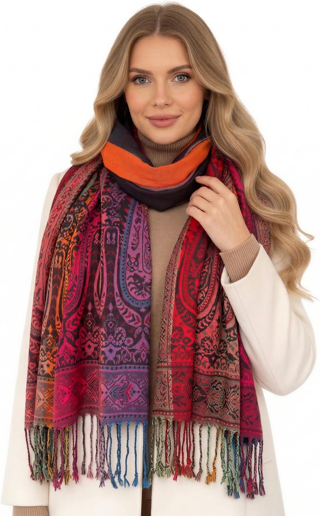 The Accessory Co. Women Pashmina Scarf Shawl Wrap - Large Long Paisley Floral Rainbow Ladies Scarves, Wearable Blanket Scarf, Womens Winter Scarfs, Indian Shawl Wedding Evening Stole, Head Scarf Neck