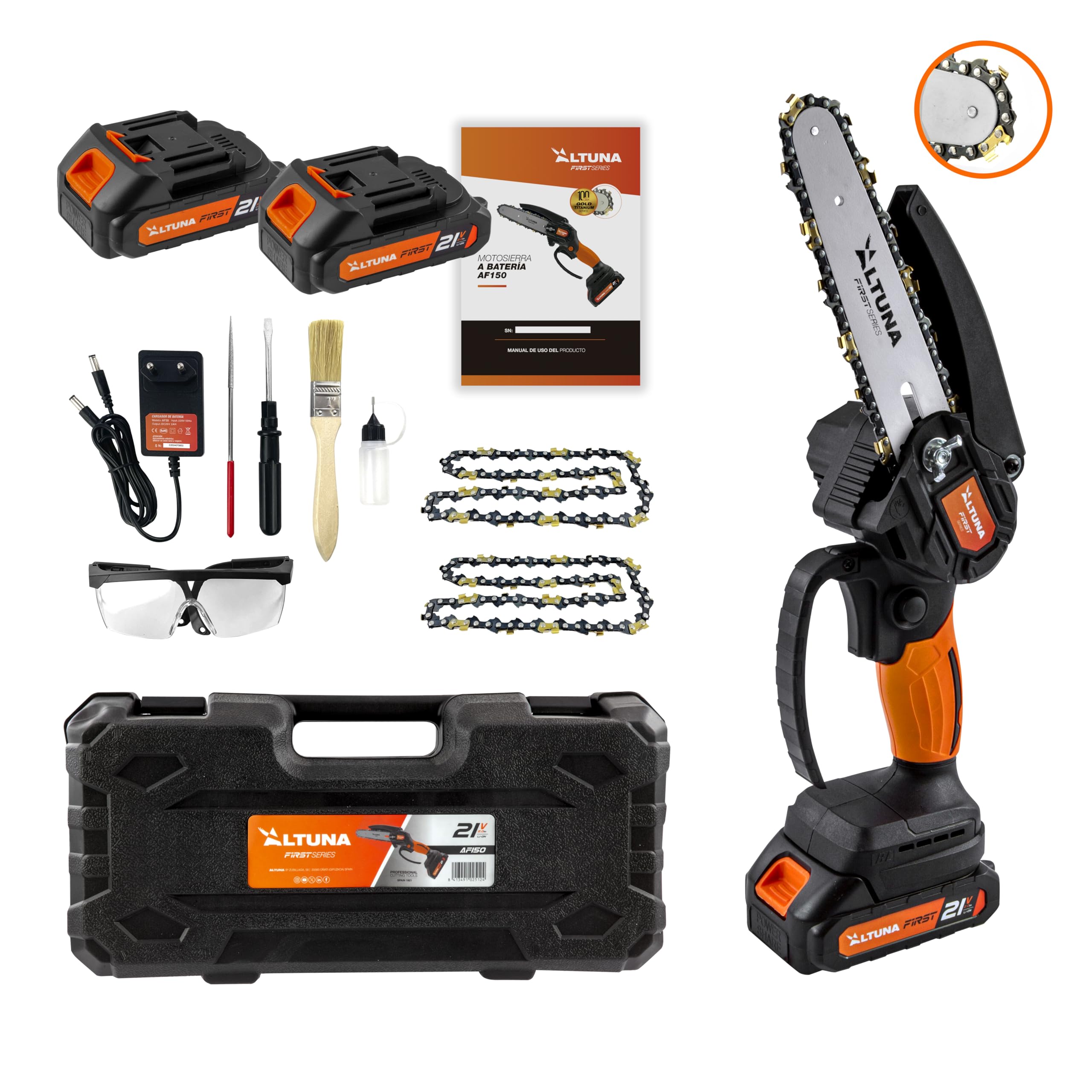 ALTUNA Motosega a Batteria 150 mm con Catena in Titanio - AF150 | Potenza 800W, leggera e compatta, include 2 batterie 21V, catena di ricambio, valigetta e accessori