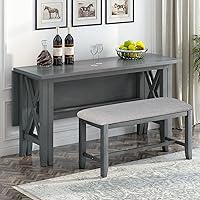 Vista 43 de Juego de mesa de comedor de madera de goma de 6 piezas con patrón de grano de madera y cojín suave, mesa de comedor rectangular con 4 sillas