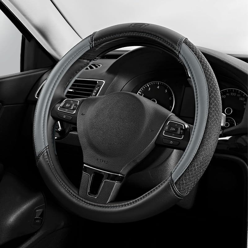 Skechers Air-Cooled Steering Wheel Cover,Leather Car Steering Wheel Cover Universal Fit 14" 1/2-15" Car Wheel Protector for Men Women Fit Suvs,Vans,Sedans,Car,Trucks,Gray