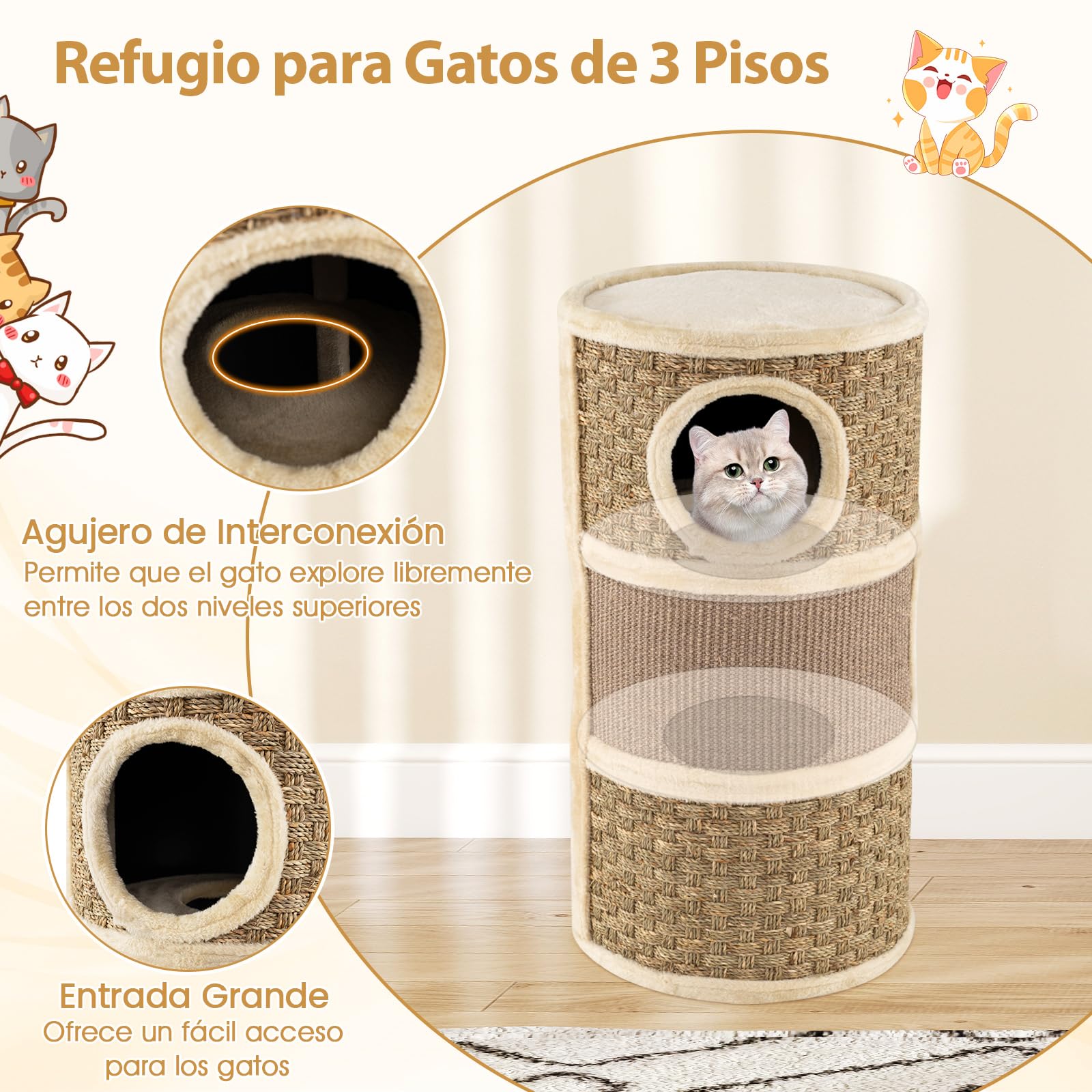 COSTWAY Barril Rascador para Gatos de 3 Pisos, 70 cm Torre para Gatos con Poste Rascado de Sisal con Cama Acolchada, Árbol Rascador para Gato en Forma de Barril, Casa para Gatitos de Interior