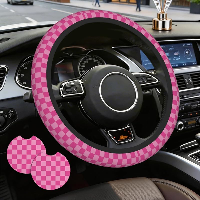 Kit de capa para volante rosa xadrez em neoprene com 2 porta-copos para carros, 36,8–38,1 cm, NHNXHWIA, 3 peças