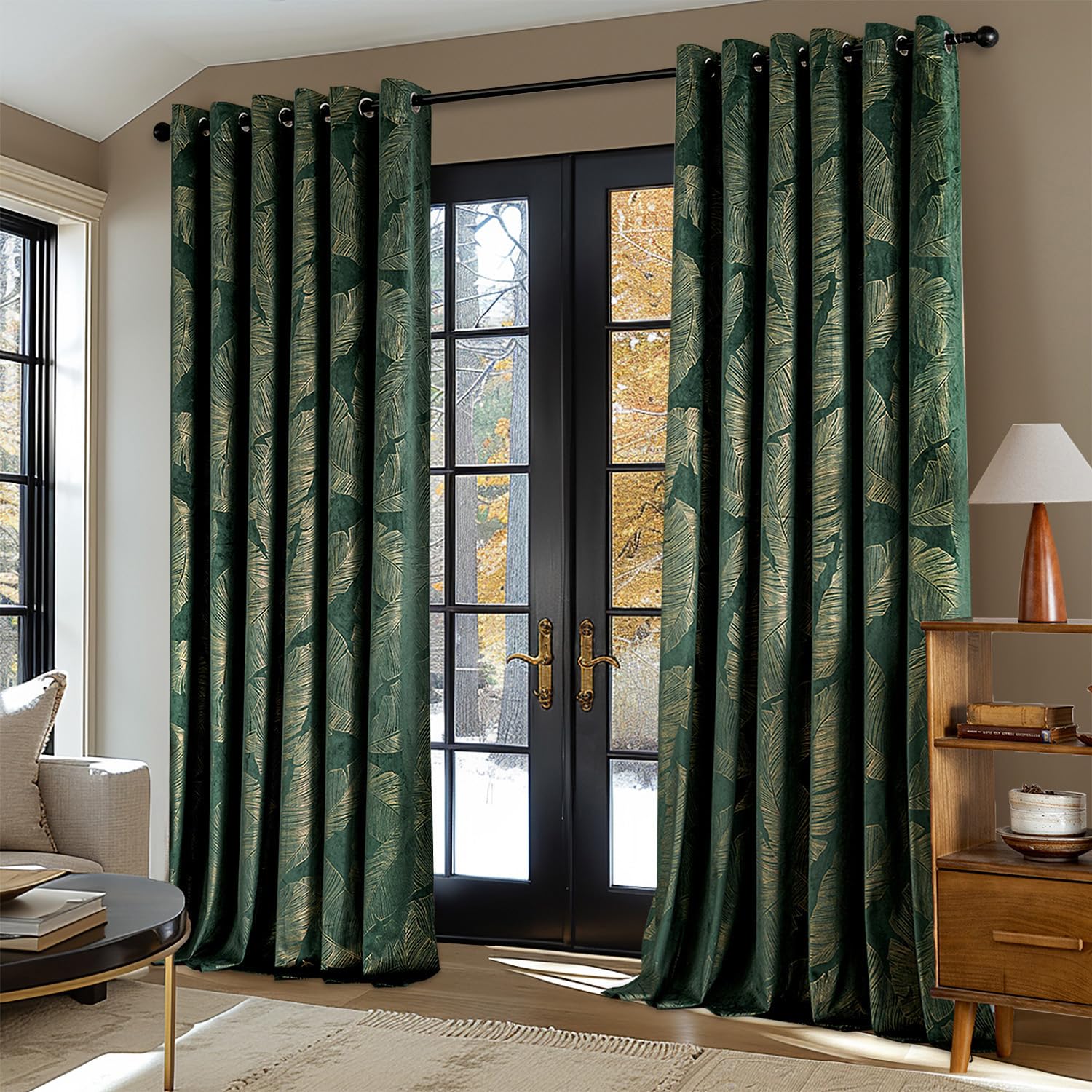 MIULEE Velvet Curtains with Gold Foil Leaves Pattern, 2 Pieces Dark Green Velvet Curtains with Eyelets, Each 90 x 90 Inch, Room Darkening Curtain Drapes for Classical Living Room Bedroom