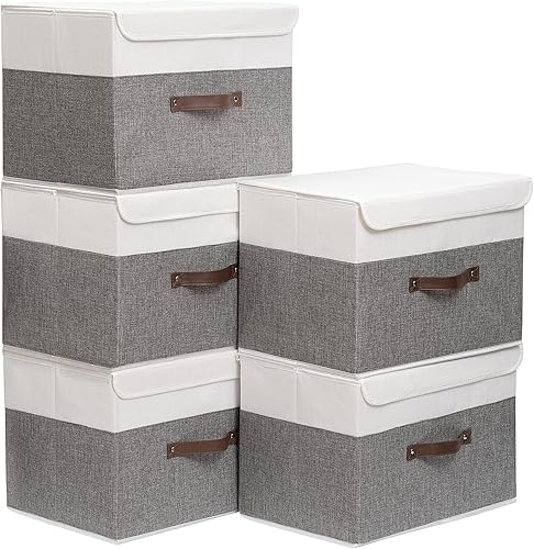 Yawinhe Cajas de almacenamiento plegables con tapas, contenedores de almacenamiento plegables de tela, cestas organizadoras con tapa para el hogar,
