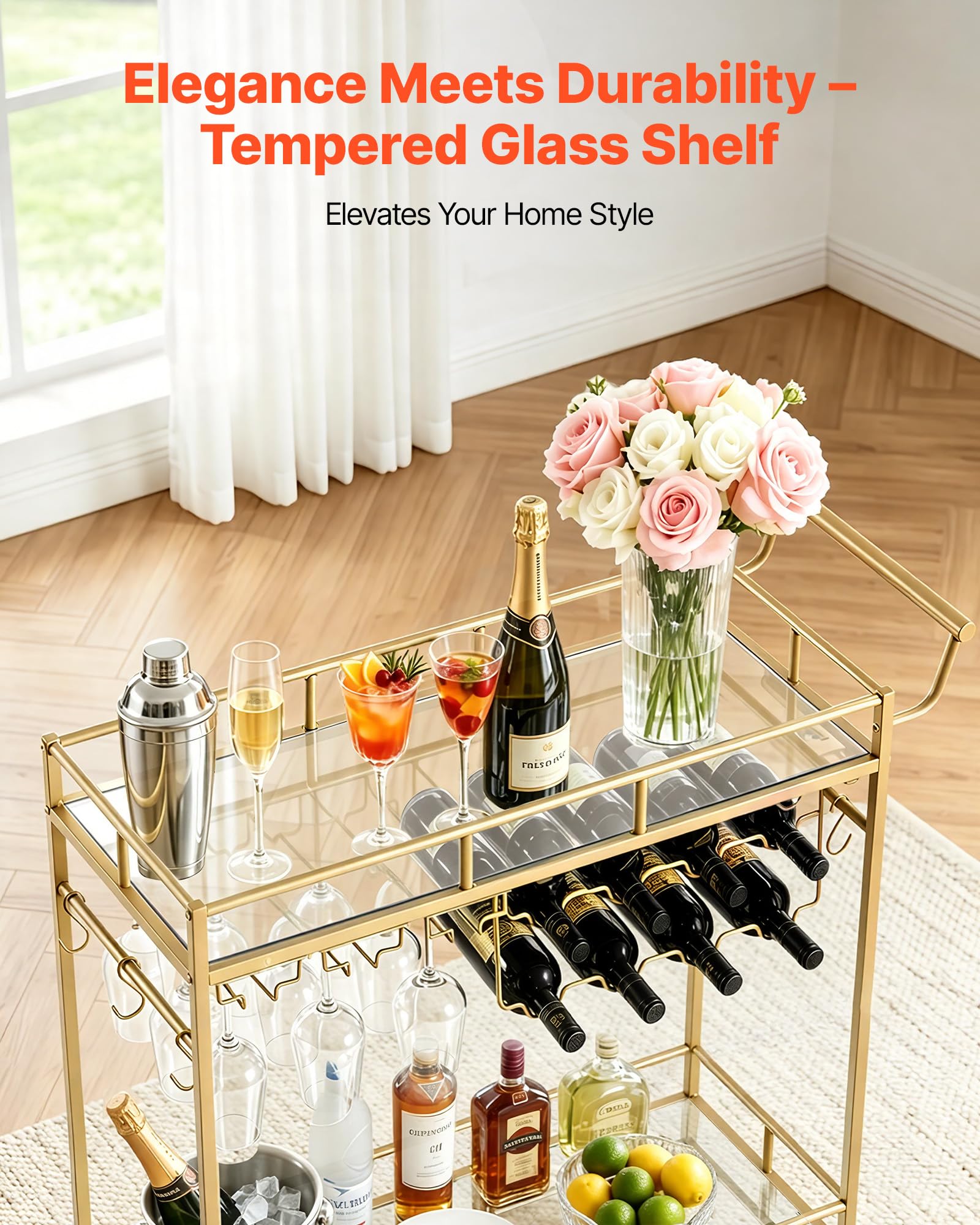 VEVOR Carro de Bebidas con Botellero de 2 Niveles, Carrito de Servicio con Ruedas y Asa, Estantes de Vidrio Espejado, Soporte para Copas, para Sala de Estar, Comedor, Cocina, 88x35x89 cm, Dorado