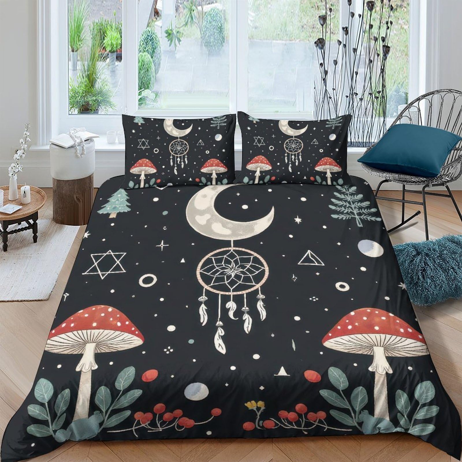 Ctjqhvkz Style-6 3D Printed Moon Dreamcatcher Fitted Sheet Microfiber Black Magic Mushroom Mattress Cover For Bedroom Guest Room Decor Single（135X200cm）