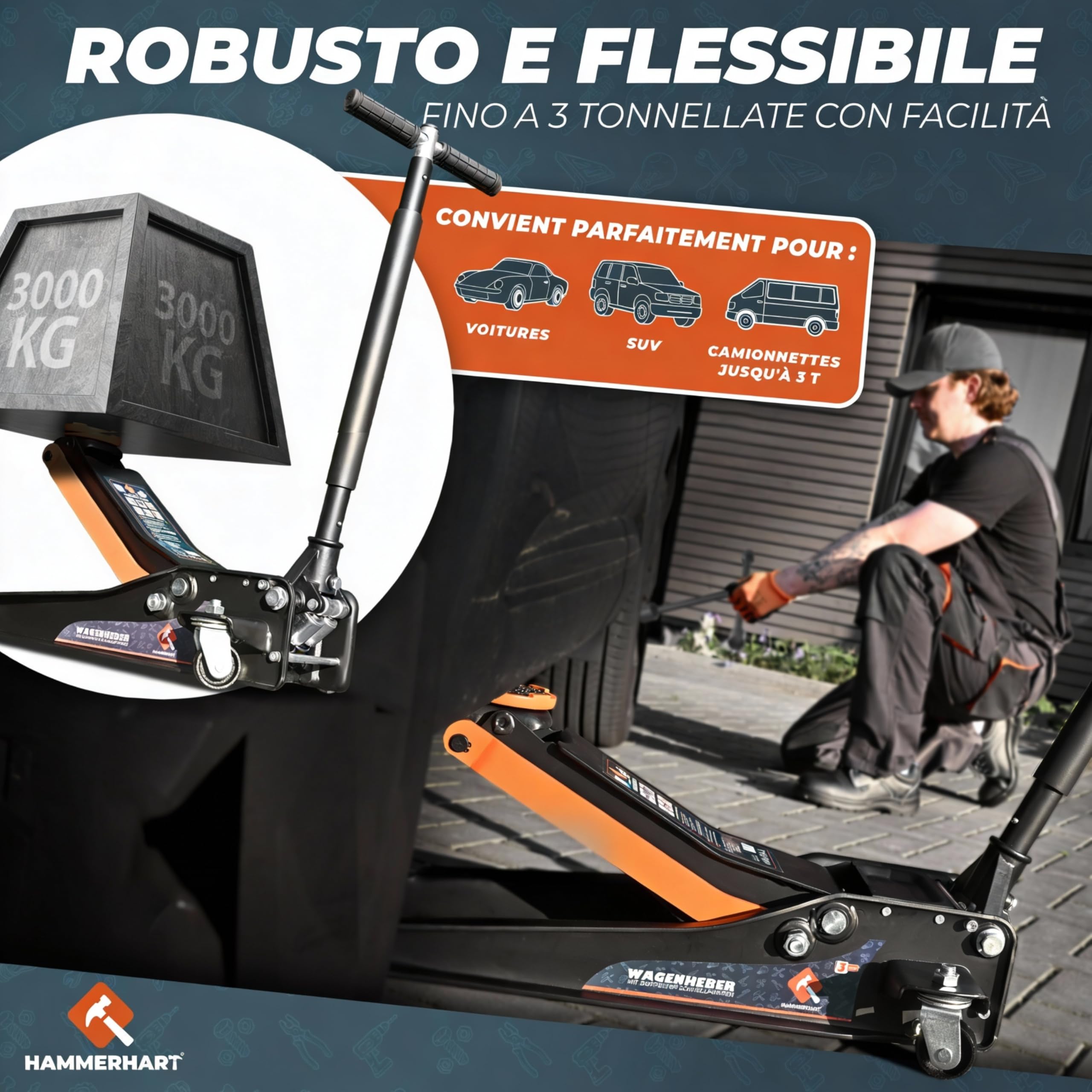 Cric per auto 3T | Sollevatore auto certificato TÜV con altezza di sollevamento di 75-505 mm | Cric idraulico premium con ruote a 360° e doppio pistone | Cric auto supporto in gomma e impugnatura a T