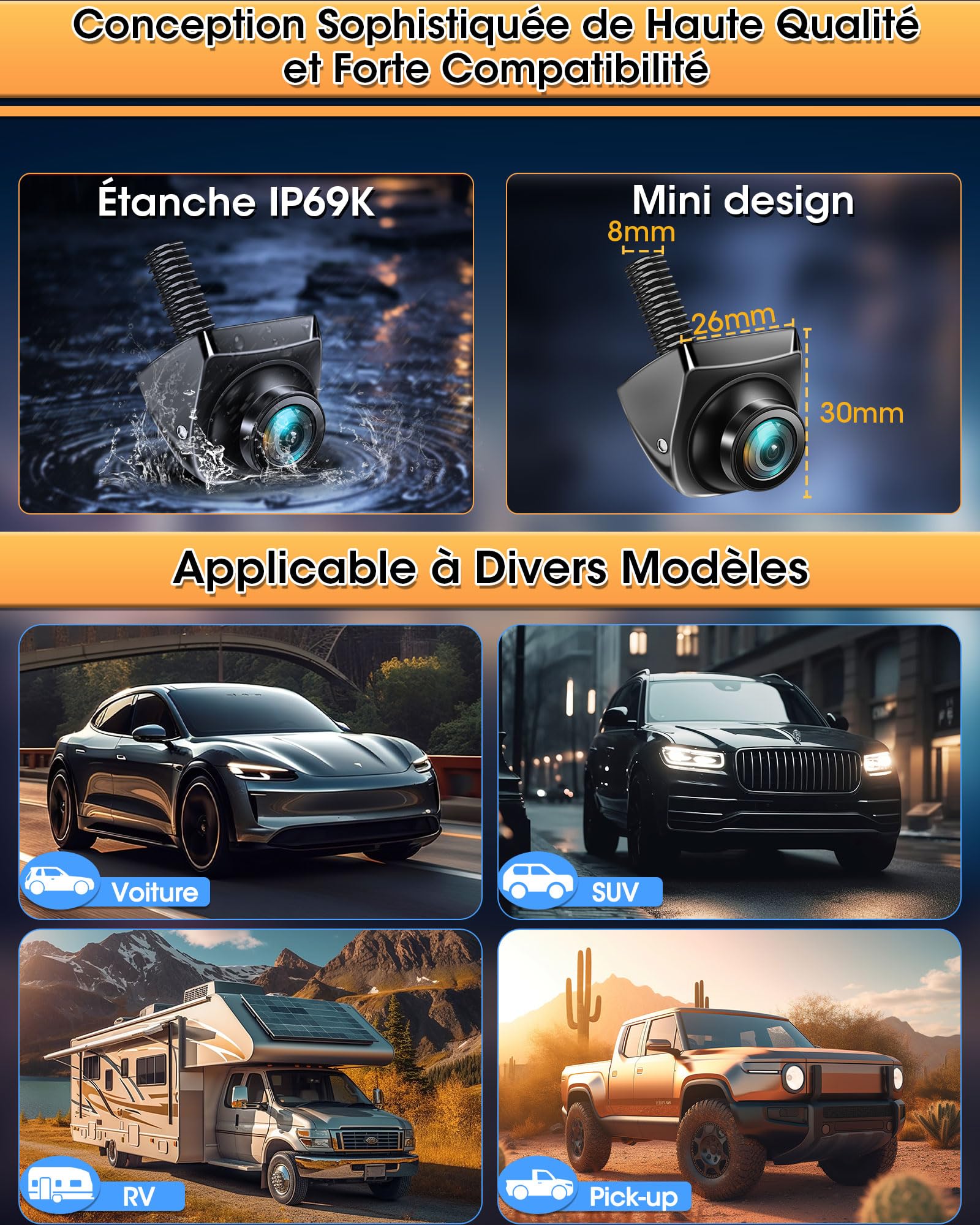 4 Modes de Signal Caméra de Recul 360°+45°Retournable Supporte Caméra de Recul Voiture AHD 1080P/720P/NTSC/PAL Modèles Caméras de Recul pour Voiture Camping-Car Super Vision IP69K Étanchéité 12V-24V