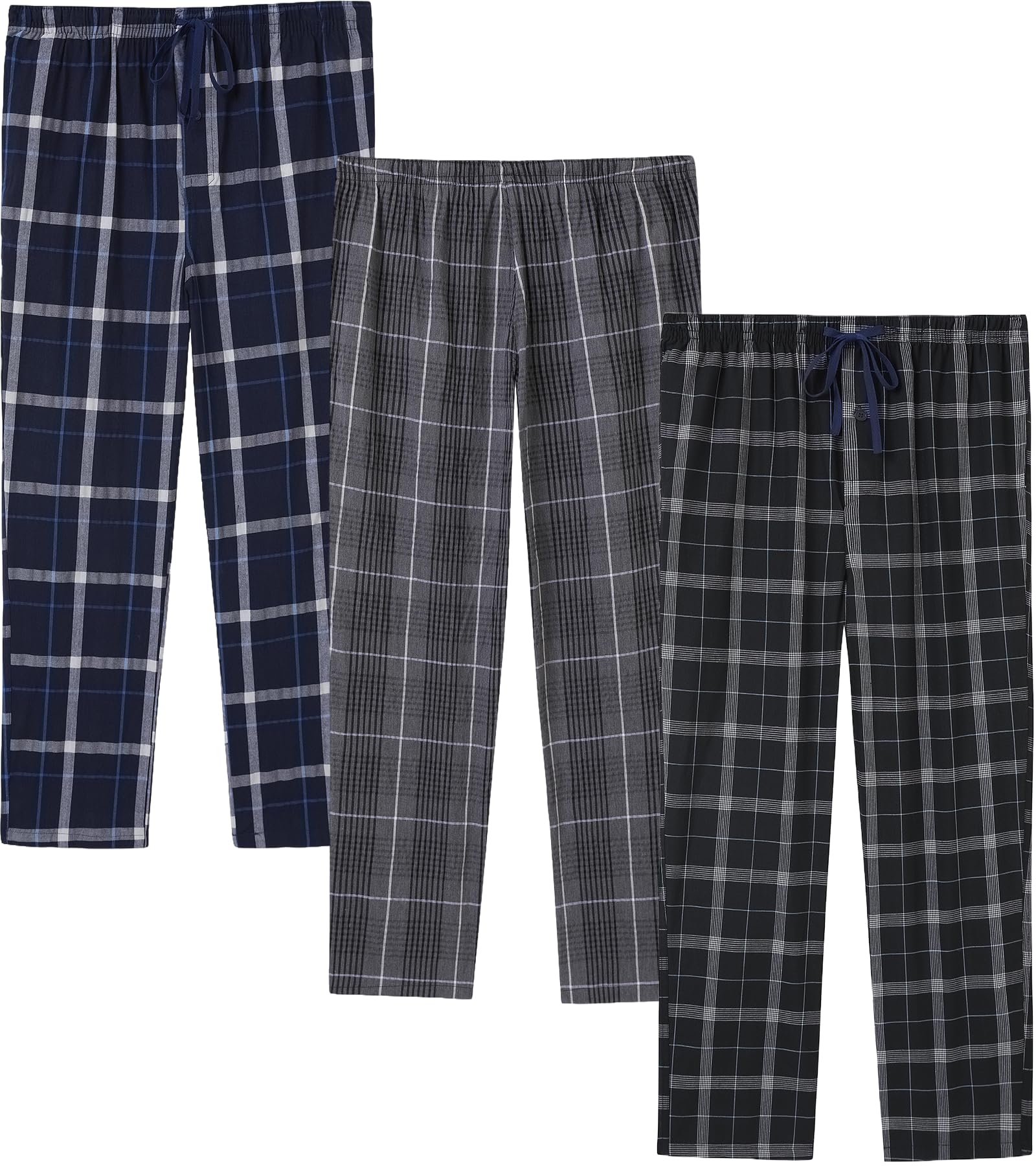 Mens Pajama Pants Set Cotton Plaid Sleep & Lounge Pants, PJ Bottoms with Pockets and Button Fly, 100% Cotton 3 Pack - E, Large-image-27