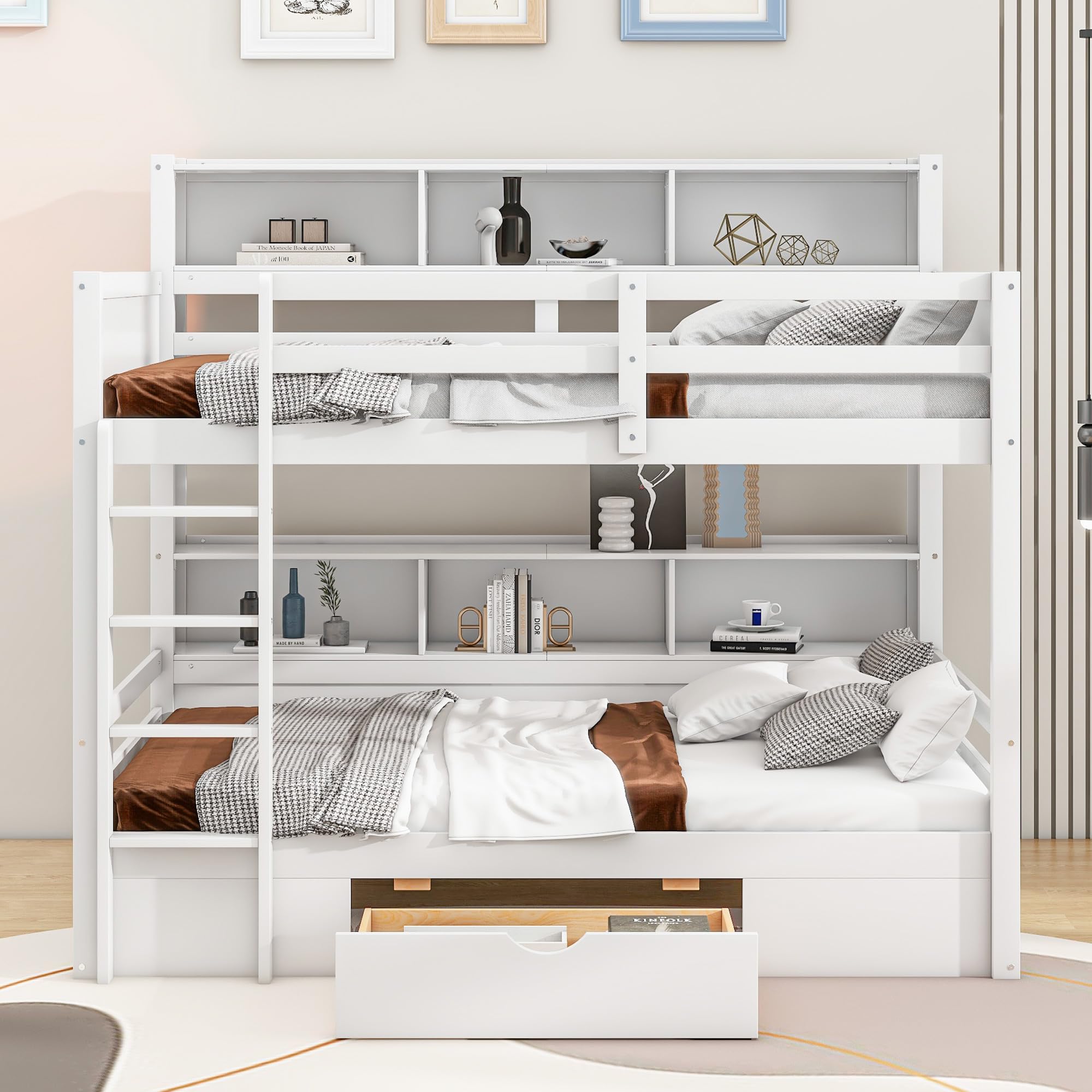 Idemon - Letto a castello, 90 x 200 cm, con letti singoli, cassetti e vani portaoggetti, letti per bambini (bianco)