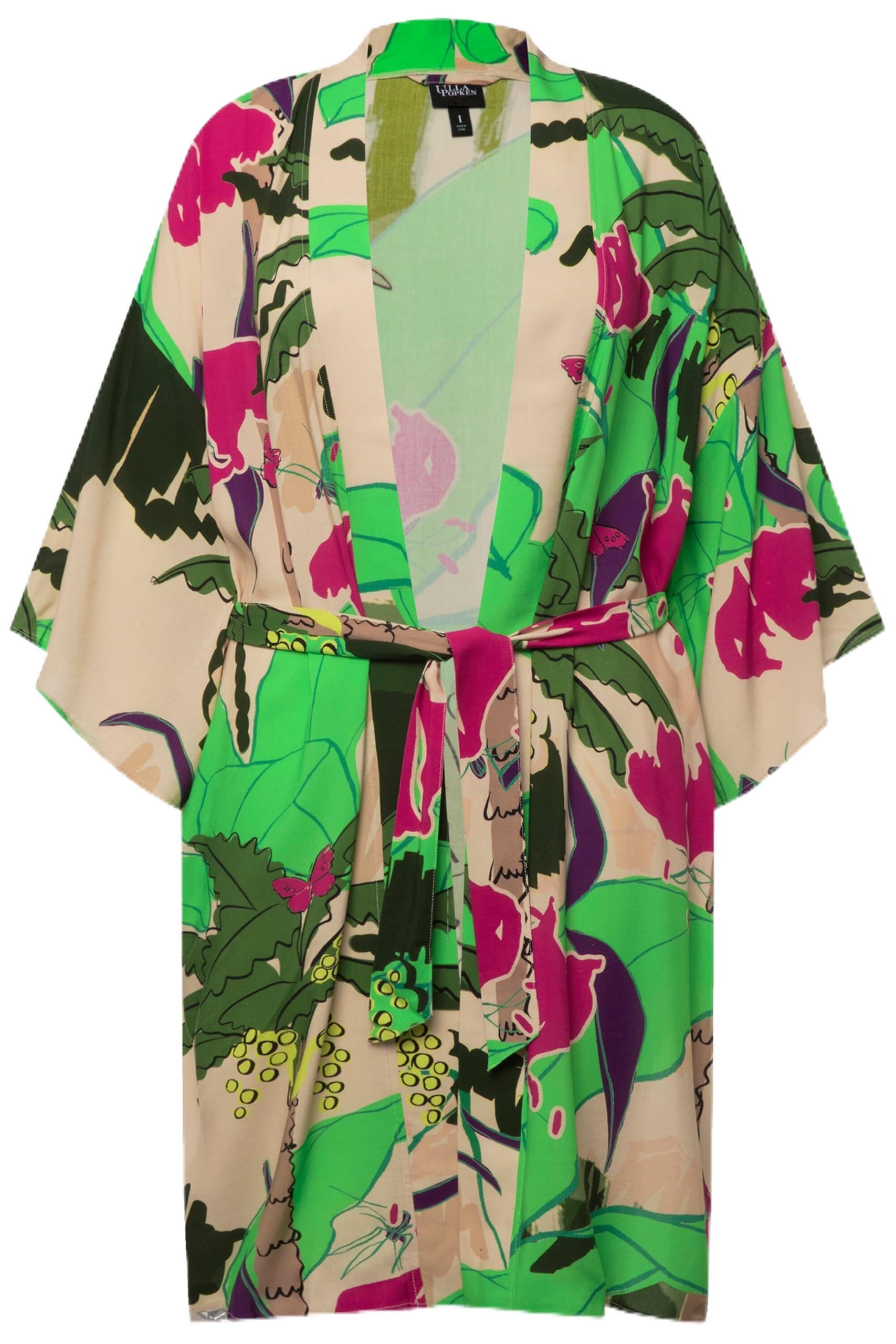 Ulla Popken Damen große Größen Übergrößen Plus Size Kimono, Palmen, Bindegürtel, 3/4-Arm 828113