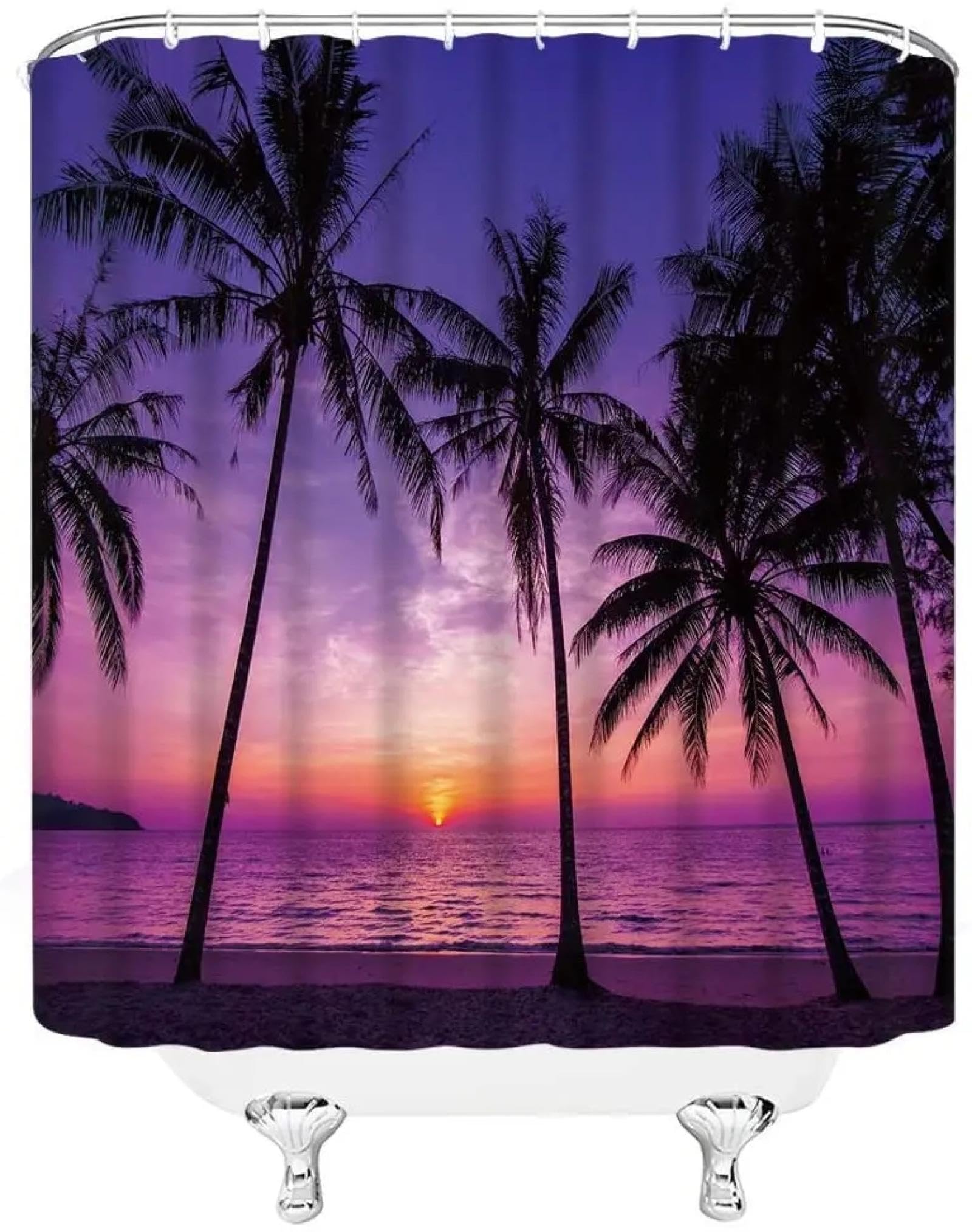 Ozean-Sonnenuntergang-Duschvorhänge, tropischer Strand, Palme, Dämmerung, Himmel, Hawaii, Meer, Küste, Meereslandschaft, Lila, Schwarz, Badezimmer-Dekor, 180 x 300 cm (71 x 118 Zoll)