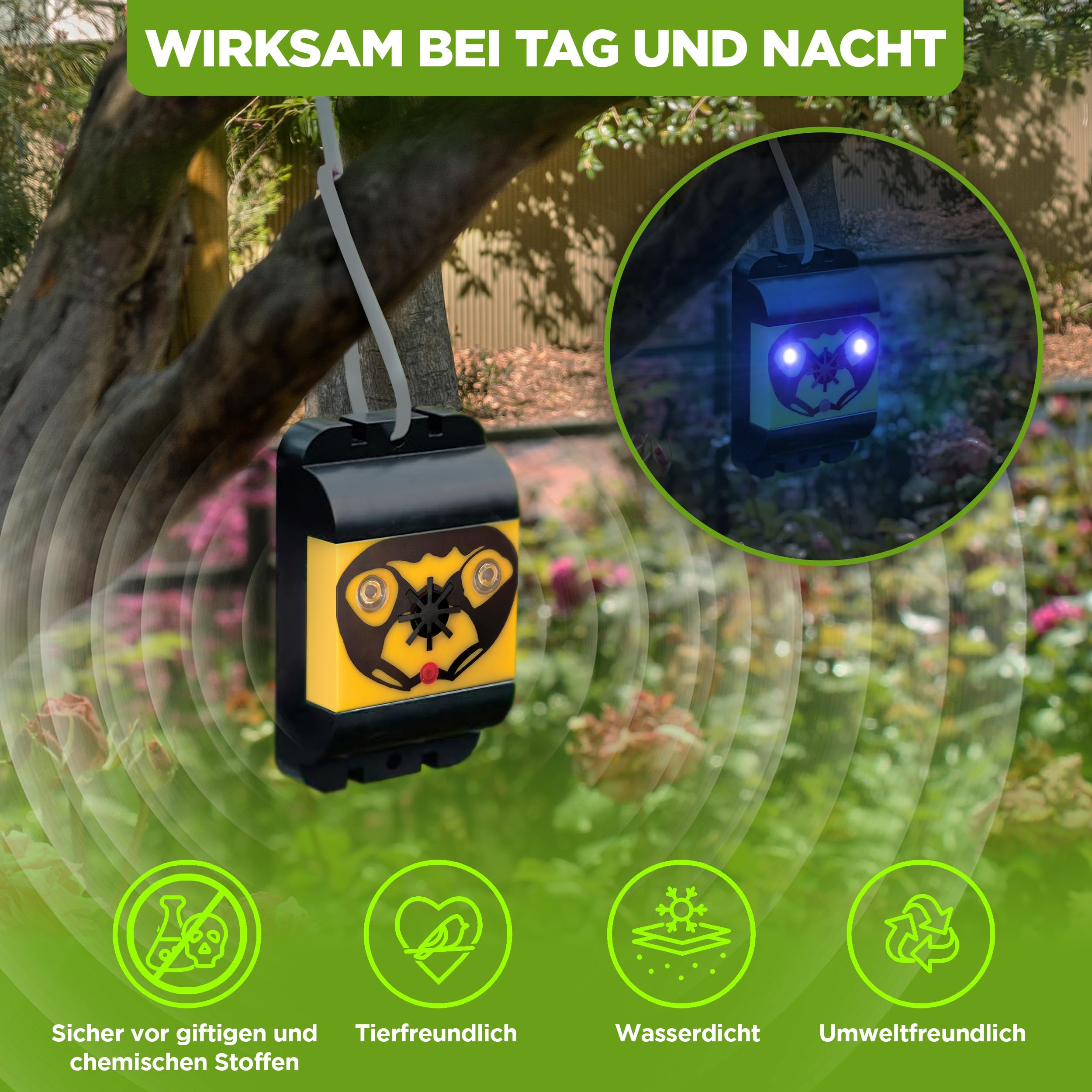 ISOTRONIC Vogelabwehr mit Blitz & Ultraschall – batteriebetriebener Vogelschreck zur Abwehr von Vögeln & Tauben – Taubenabwehr für Balkon & Garten – Vogelvertreiber 40m² Wirkungsbereich (2 Stück)