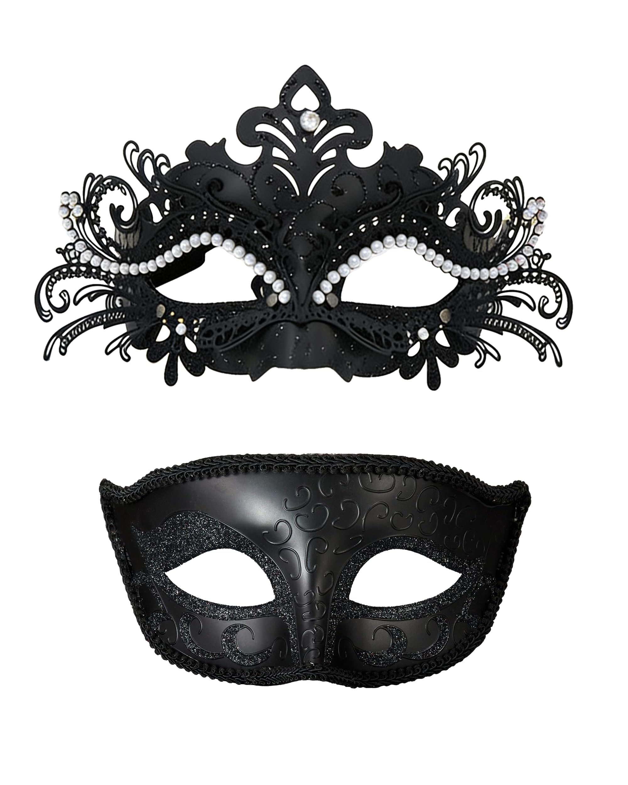 MZinge Masquerade Mask for Men Women, CouplesShiny Rhinestone Metal Filigree Venetian Mask Set for Ball Party,Halloween，Mardi Gras,New Year Party，Eye Mask Costume (Black)