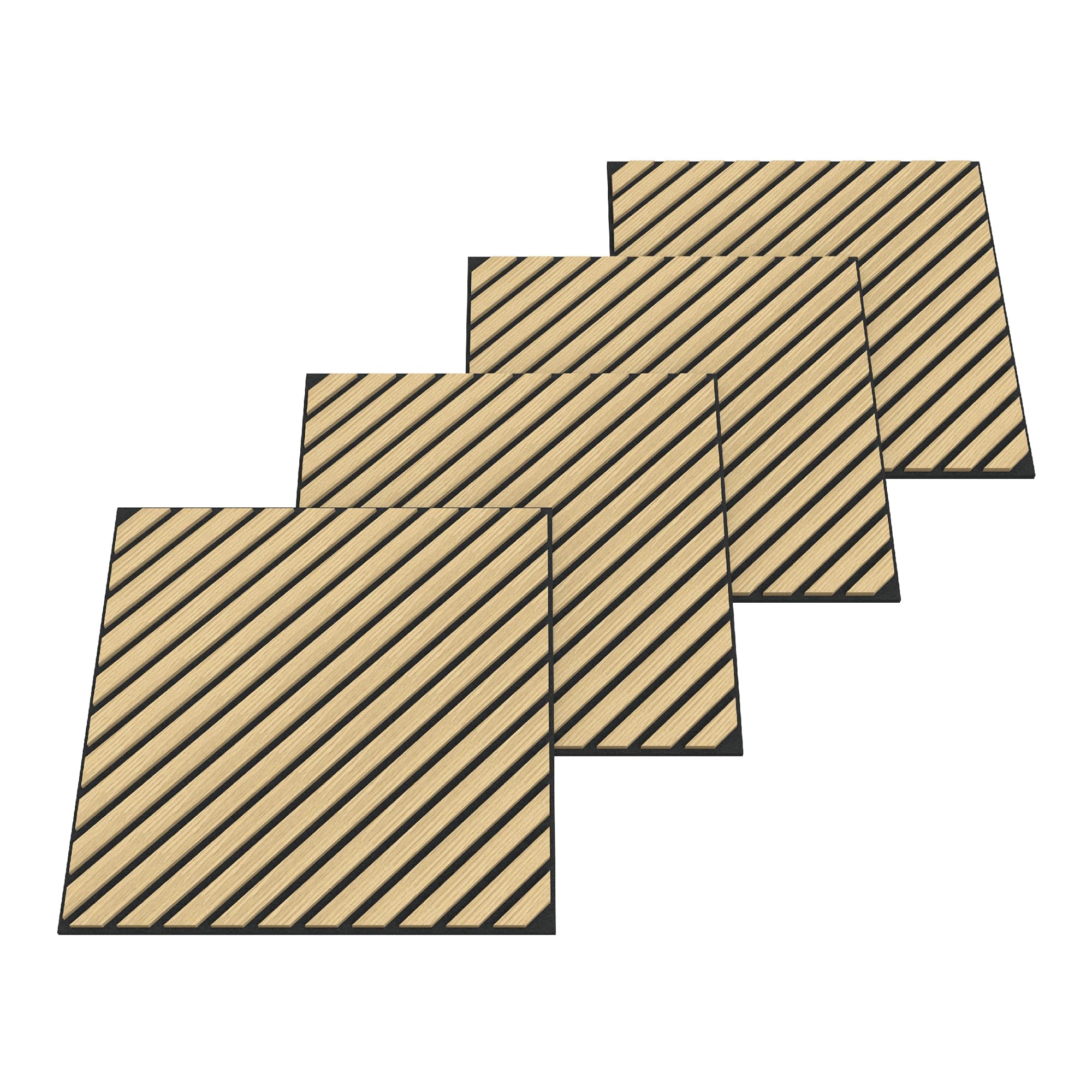 NEU.HOLZ Panel de Pared 3D Vang Juego de 4 Paneles Acústicos (1,44 m²) Revestimiento Mural 20 Listones Diagonales Decorativos Estilo Escandinavo en MDF y Fieltro PET 60 x 60 x 2 cm - Roble