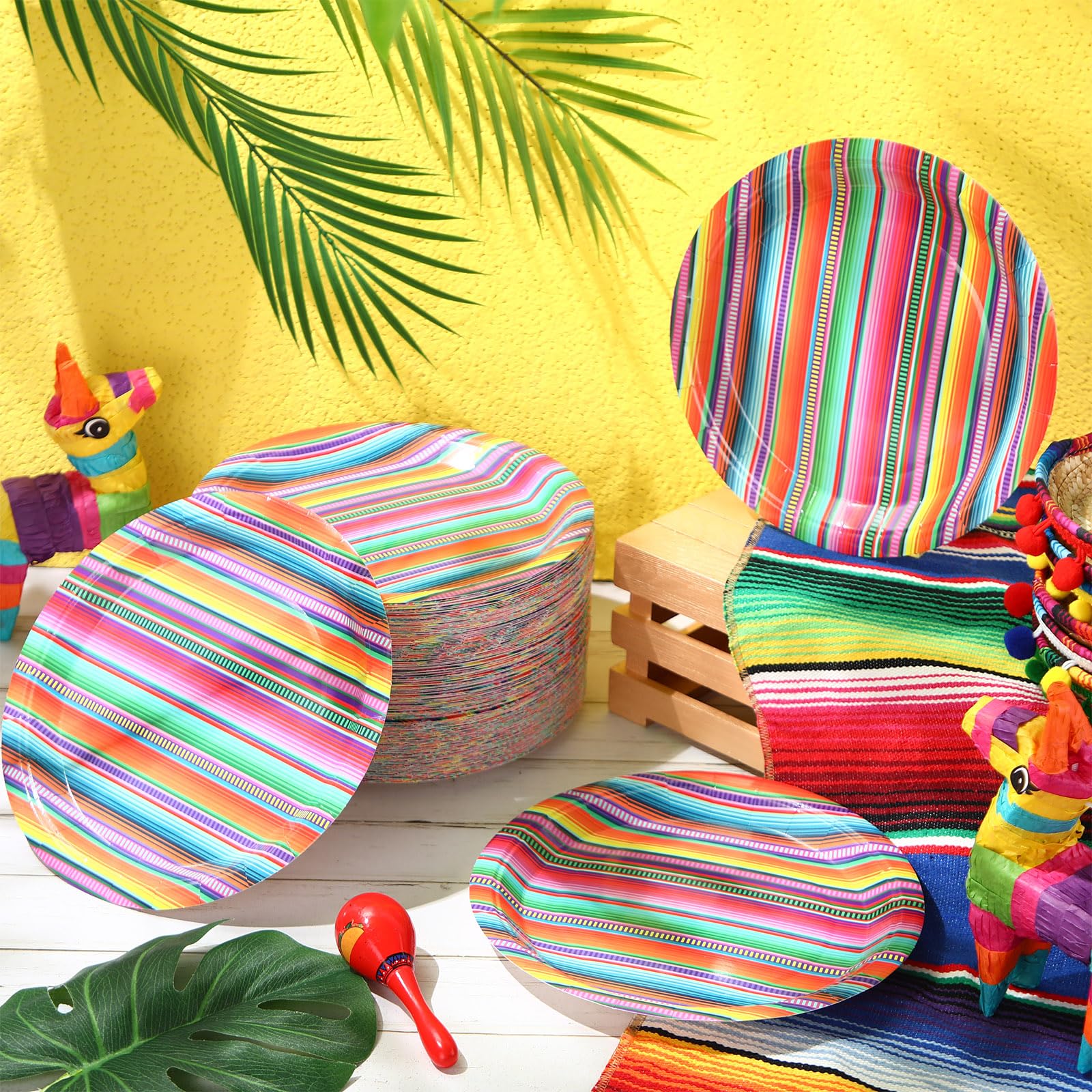 Sabary Fiesta-Pappteller für Cinco De Mayo Party, 22,9 cm, mexikanische Party-Dessertteller, Taco-Speiseteller, Partyzubehör für Fiesta, Dienstag, Geburtstag, Party-Dekorationen (bunte Streifen), 200