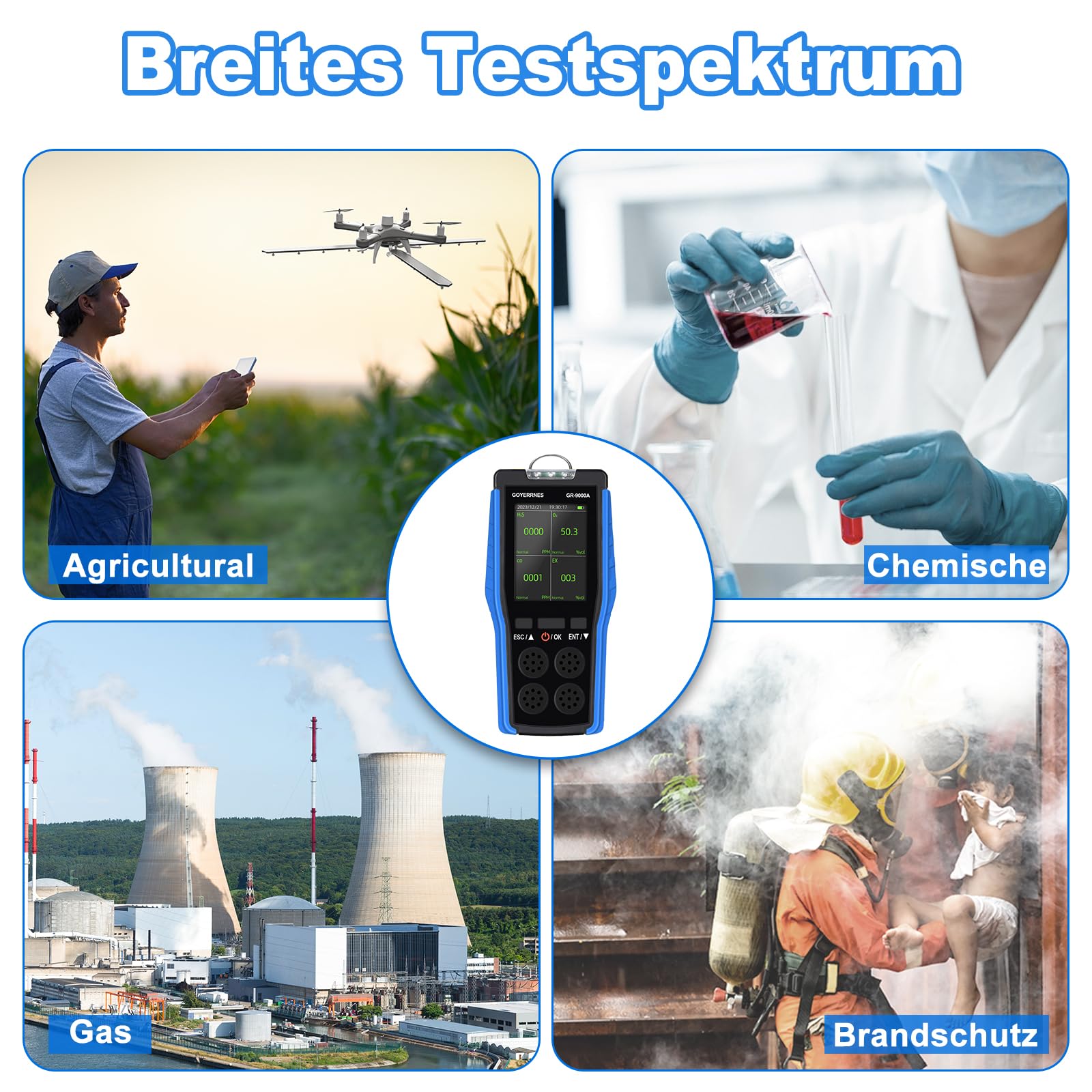 4 in 1 Gasdetektor Tragbarer Luftqualitätsdetektor Sauerstoff O2, Schwefelwasserstoff H2S, Kohlenmonoxid melder CO, brennbare Gase EX Alarm blinkender LCD-Bildschirm Datenspeicherung Geeignet für Indu