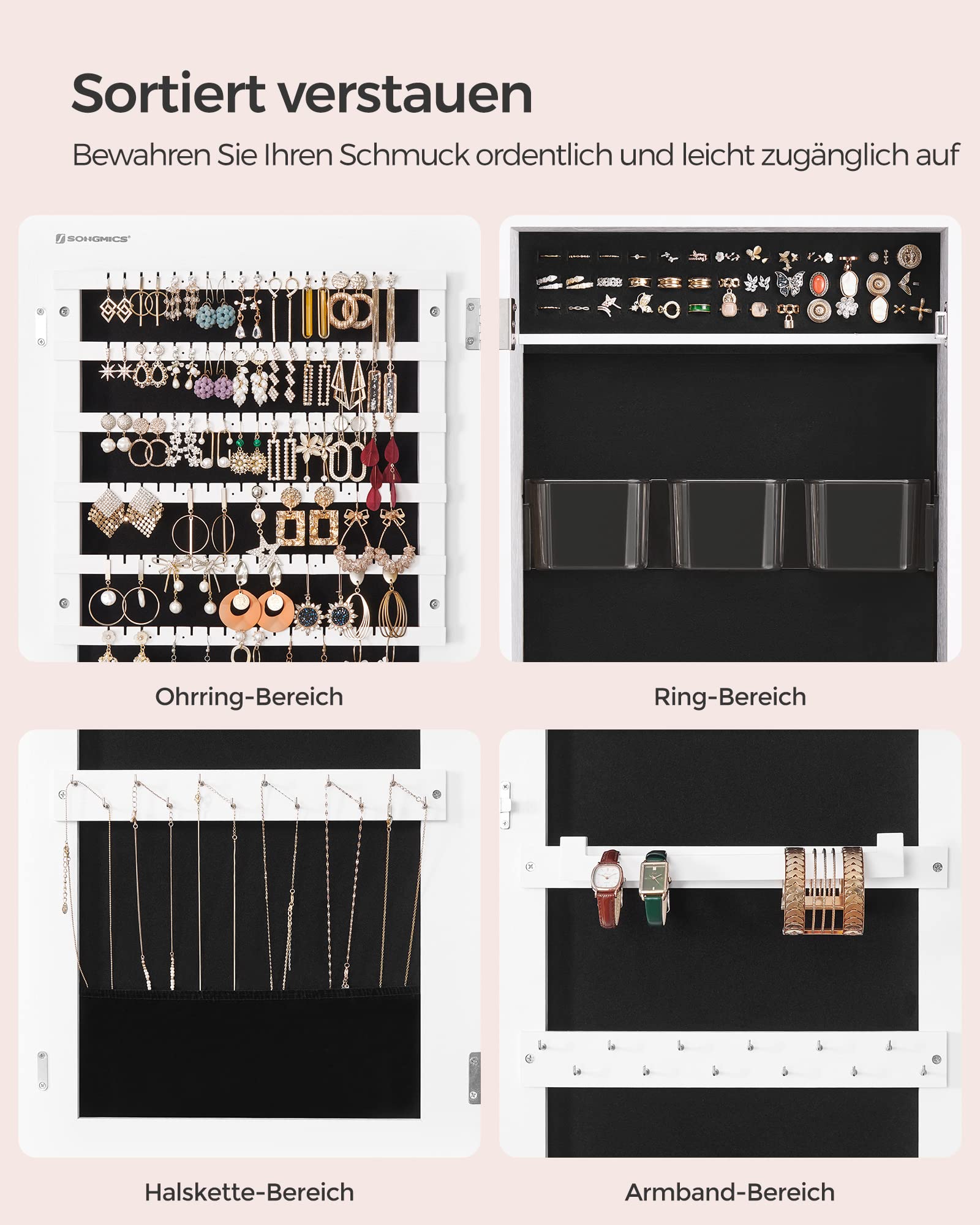 SONGMICS Schmuckschrank hängend, Hängeschrank, abschließbarer Spiegelschrank, Wandschrank mit rahmenlosem Ganzkörperspiegel und 2 separaten Make-up-Organizern, für Ketten, Ohrringe, weiß JJC001W01