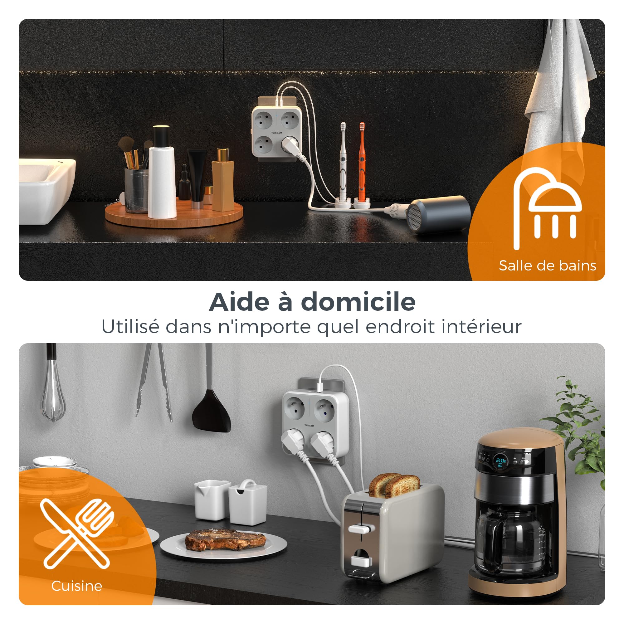 TESSAN Multiprise Murale Française avec 4 Sortie AC et 3 Ports USB, 7 en 1 Prise Électrique 4000W avec Interrupteur, Secteur USB C Gris Convient pour Domicile, Bureau, Compatible pour Phone, Pad
