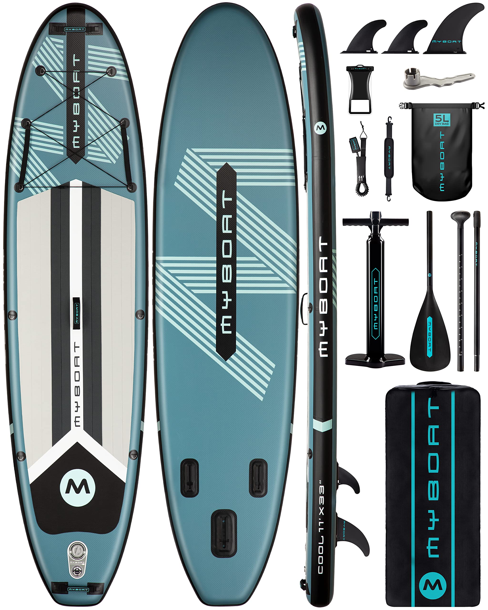 11'6"×34"×6" Extra Wide Inflatable Paddle Board, Stand Up Paddle Board for Fishing, Sup Board with 3 Removable Fins, Dual Bungees, Camera Mount, Hand Pump, Strong Paddle, 5L Dry Bag, Leash