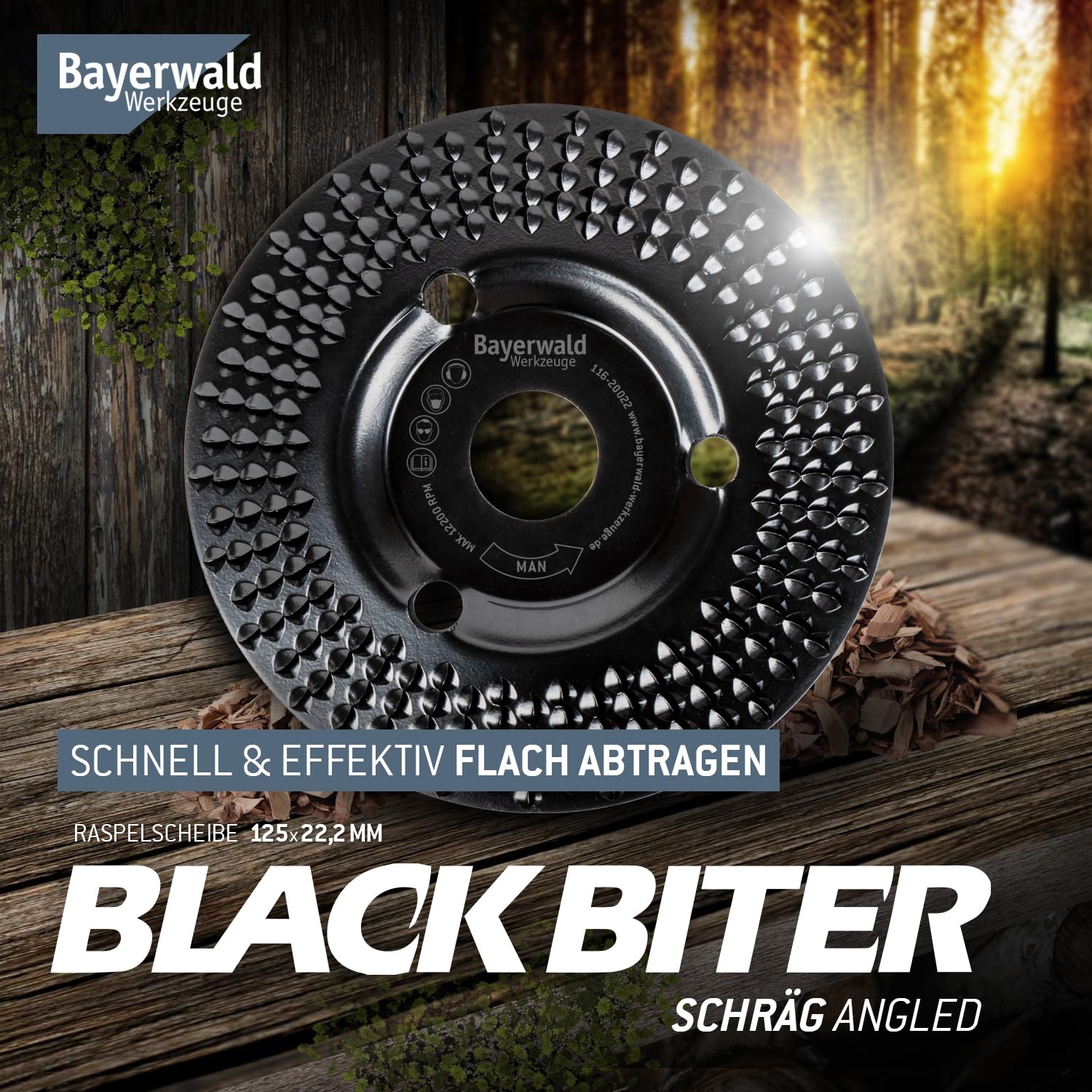 Bayerwald "Black Biter" - disco per raschiare - Ø 125 mm x 22,2 mm | levigatura rapida e grossolana di legno e materiali a base di legno | per smerigliatrici angolari