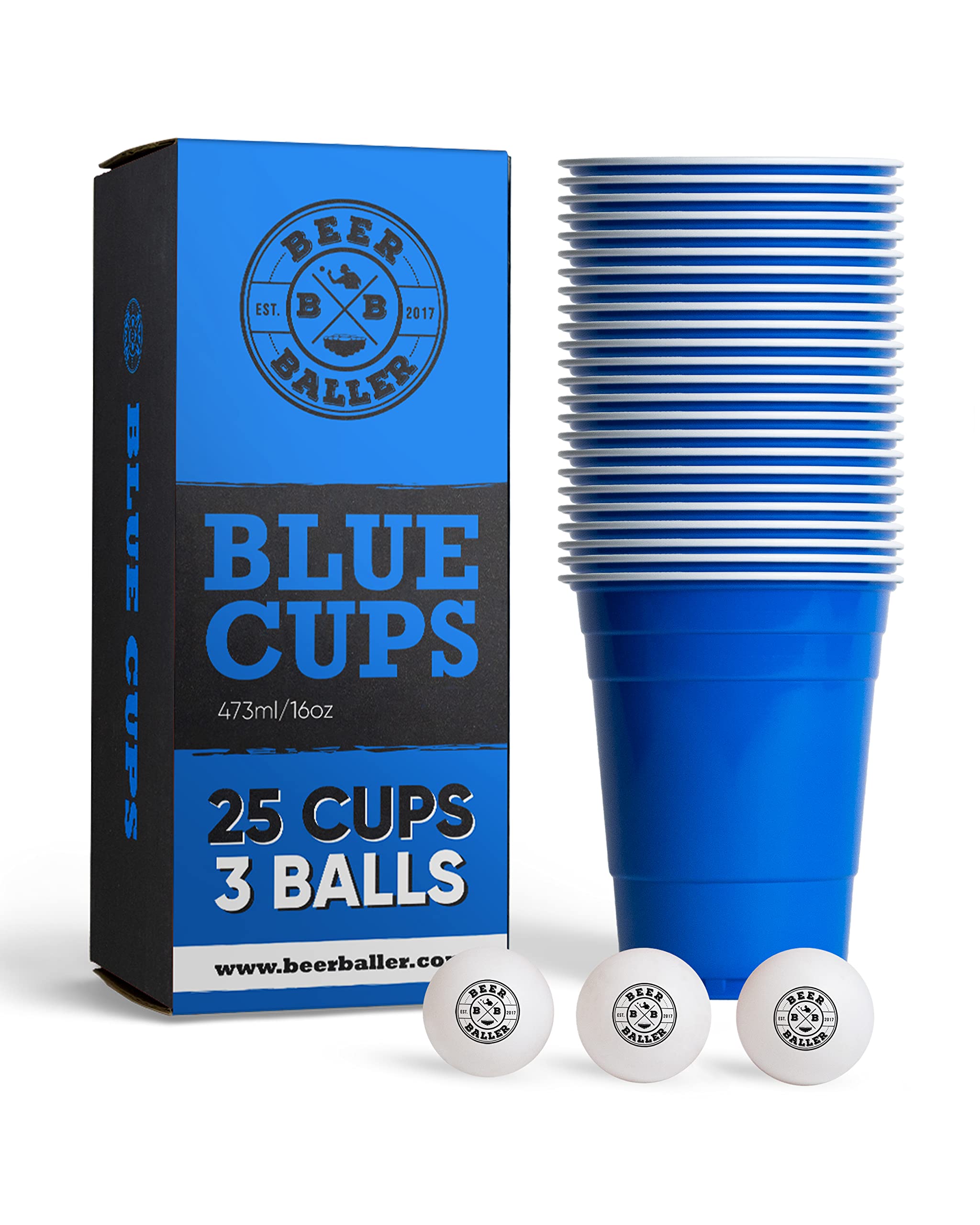 BeerBaller® Blue Cups - 25 Blue Beer Pong Cups & 3 Beer Pong Balls | Dishwasher Safe & Reusable | 473ml - 16oz Party Cups | Beer Pong Cups Set | Original American Beerpong Cups