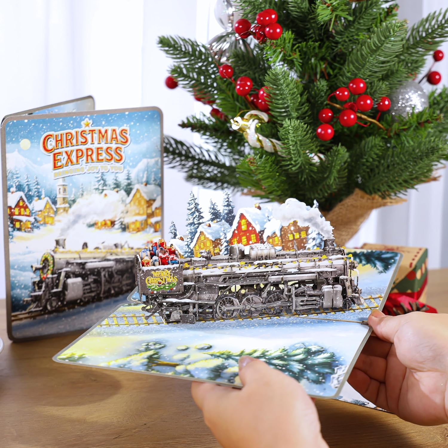3D Christmas Train Pop Up Card, Festive Holiday Steam Train with Snow Village – Unique Christmas Card with Envelope and Note Tag, Xmas Festive Handcrafted for Family, Friends, Adults, Kids 6x8 - Image 2