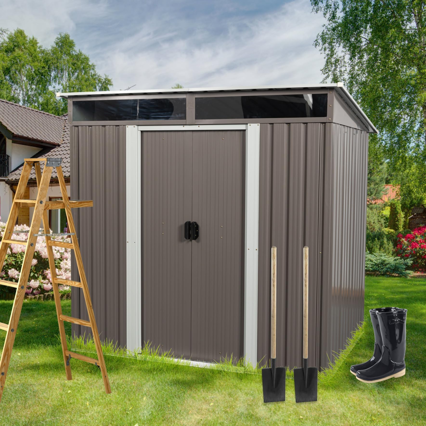 LUSPAZ 6FT x 5FT Storage Shed with Lockable Door, Outdoor Storage Shed with Transparent Board, Metal Garden Shed Kit with Waterproof Roof and Sturdy Base Plate, Suitable for Backyard, Patio, Gray