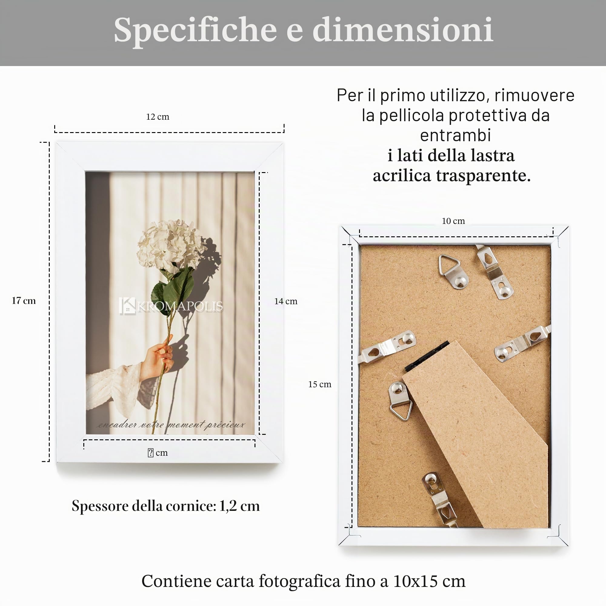 Kromapolis 15 cornici per foto piccole, ecologiche in MDF, 10 x 15 cm, chiusura a vite, vetro acrilico di alta qualità, esterno bianco