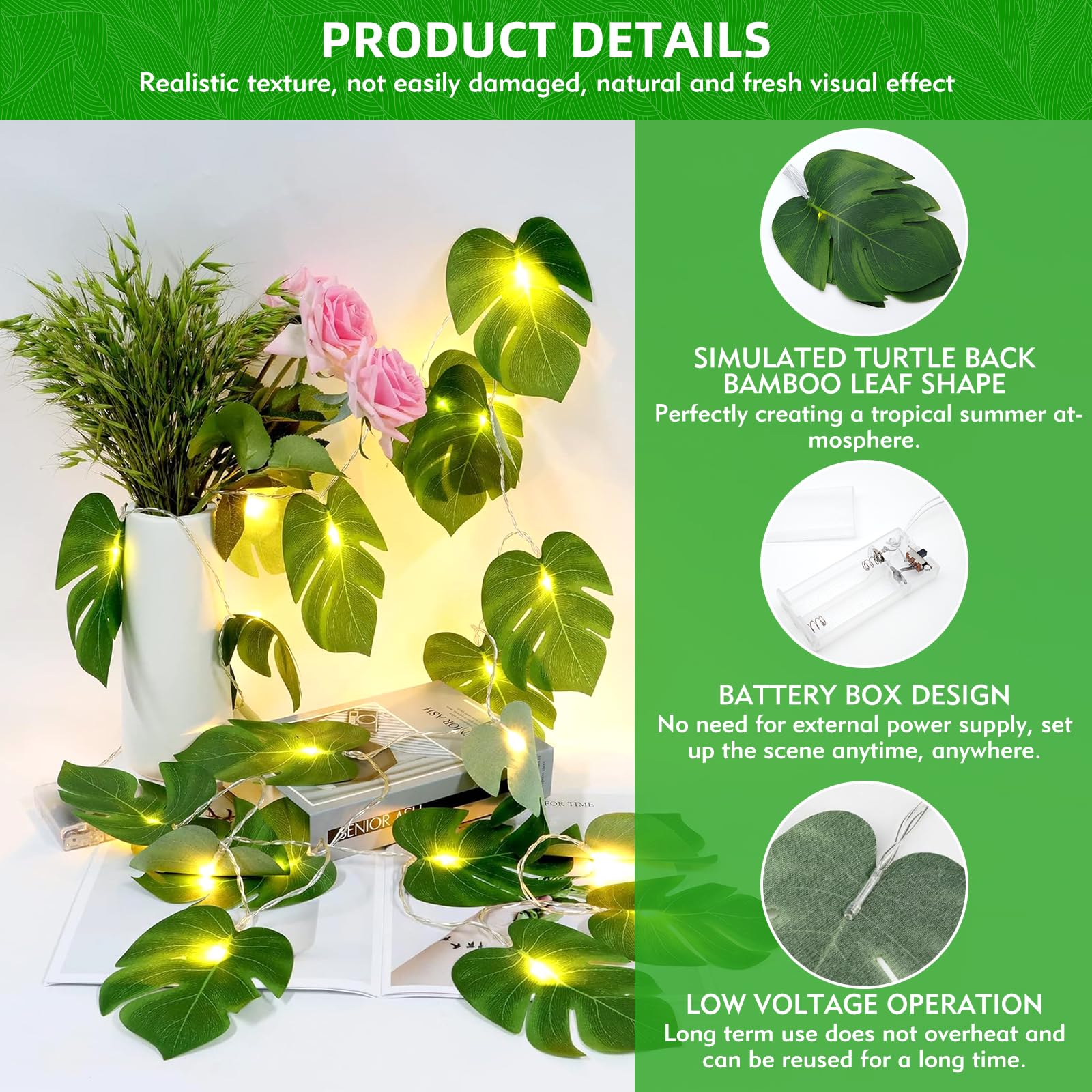 TaimeiMao Guirnalda de Luces LED Tropical, 2M 10 Hojas de Palmera LED, Guirnalda de Luces Tropical Hawái, Decoración Vegetal Primaveral para Interiores y Exteriores Fiesta Hawaiana Boda Playa