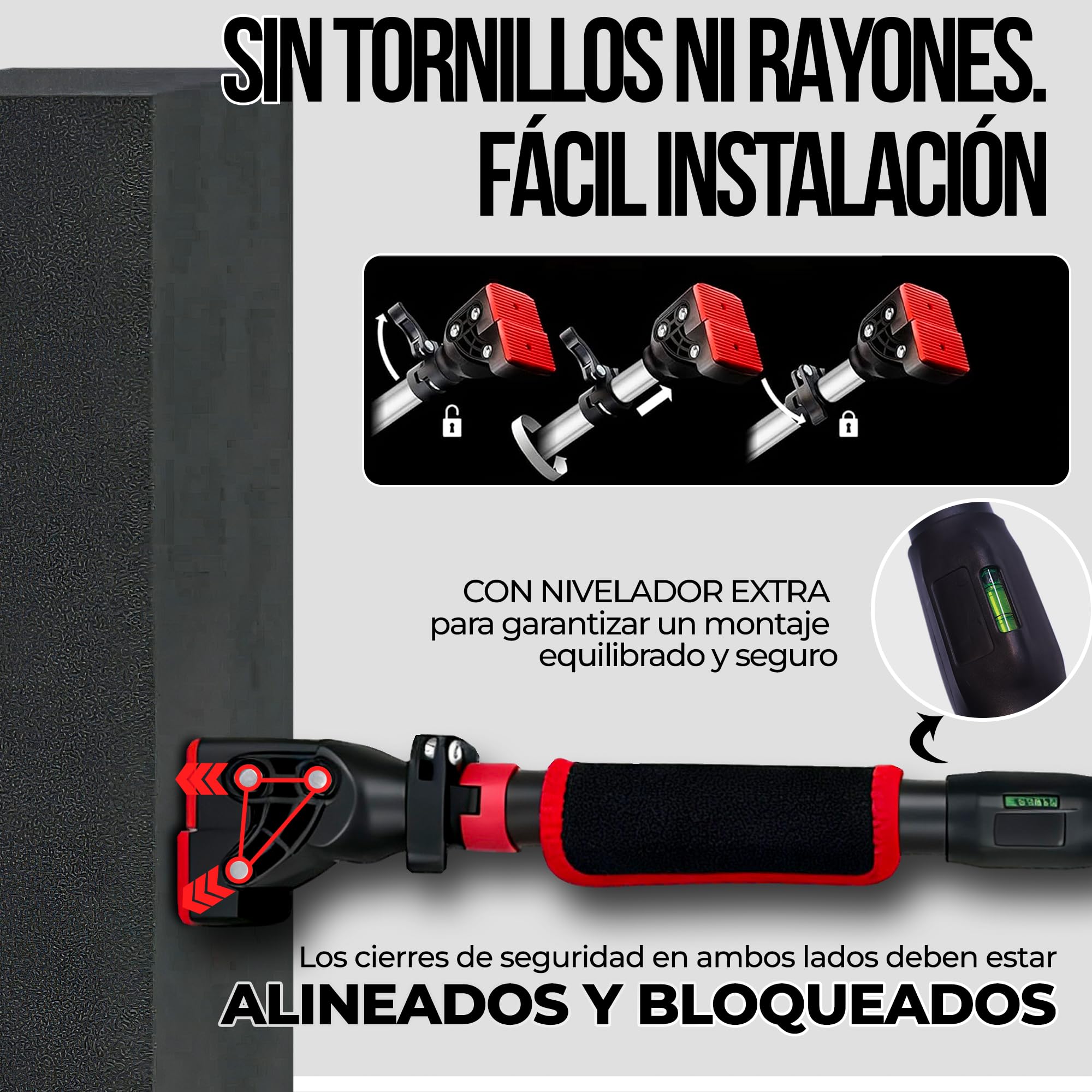 Kit Gimnasio: Barra Dominadas para Puerta y Pared (72-110cm) - Instalación Sin Tornillos con Nivelador + 5 Bandas Musculación con agarres, Bandas Elásticas y Bolsa - Carga 200kg