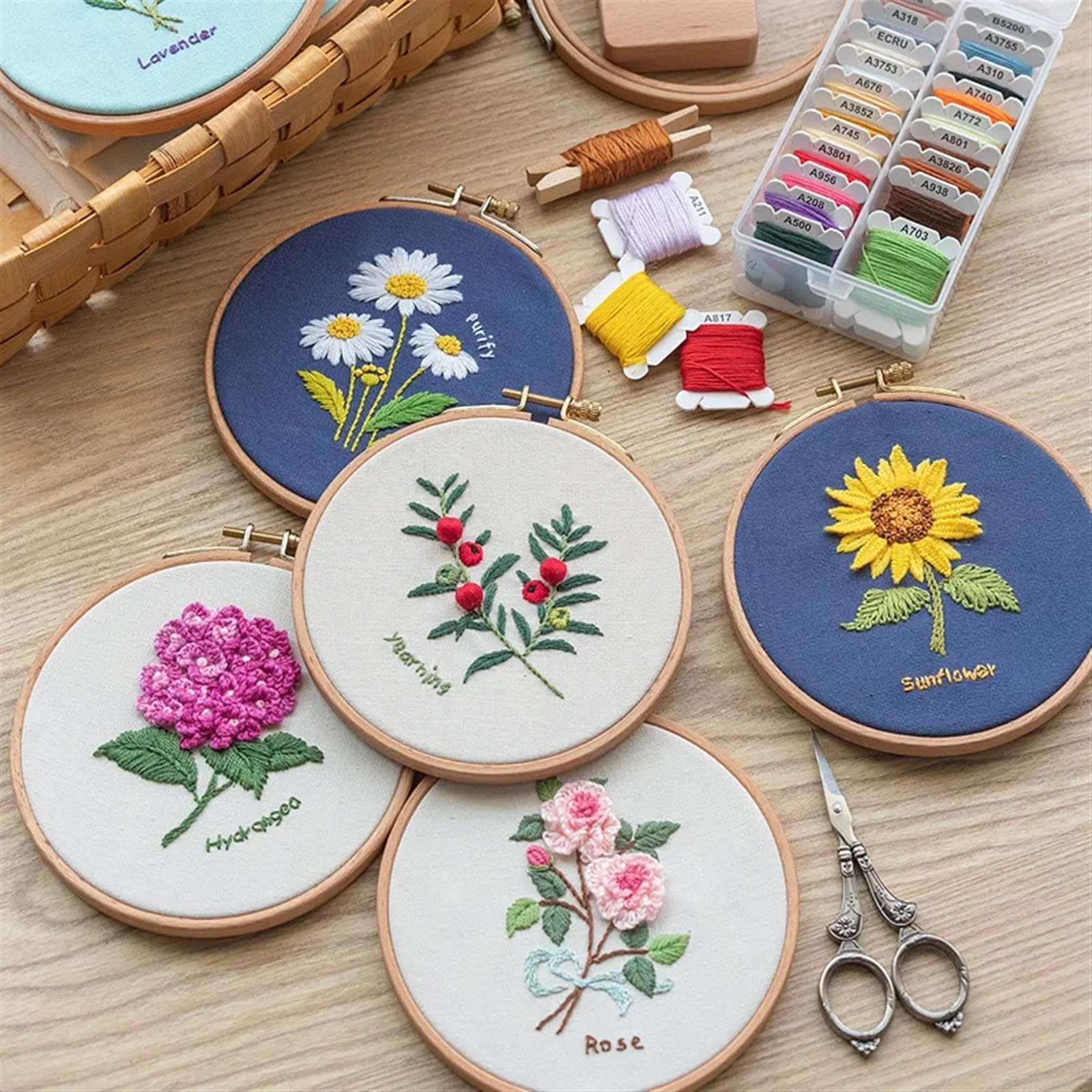 FBHFSUIEF Kit de bordado, flores, plantas, patrón, herramientas costura, for principiantes impreso(Color 01 15 Cm,No Hoop)