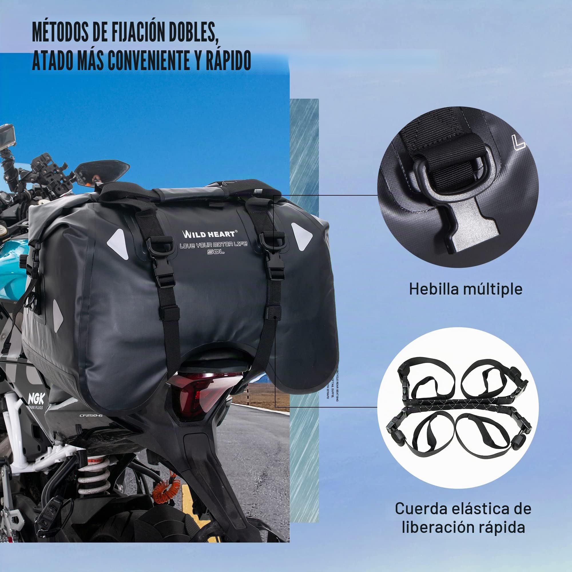 WILD HEART Bolsa de Asiento Trasero de Motocicleta en Forma de U 50L Impermeable Cola Bolsa de Lona Equipaje de Moto con Correa (Negro)