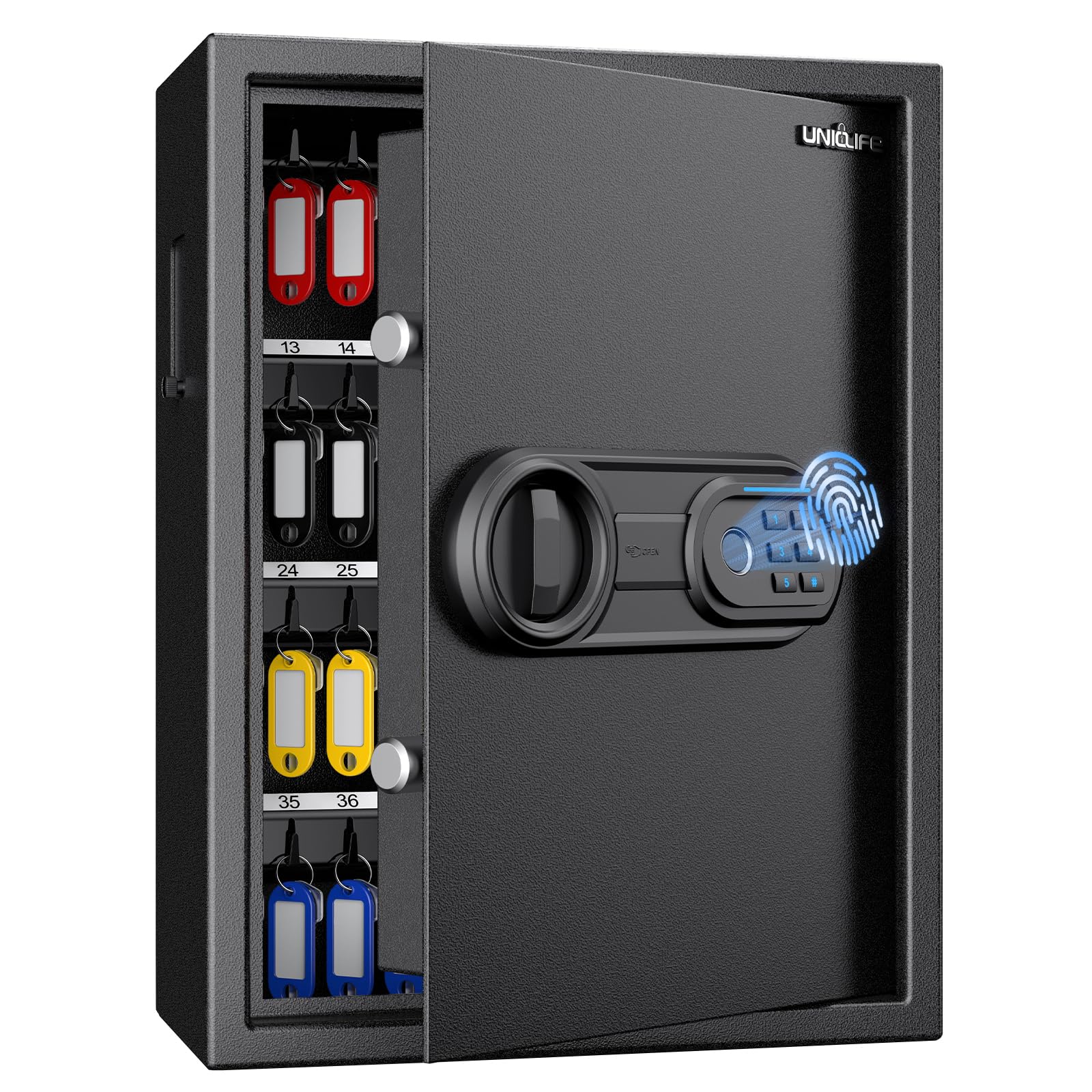 Uniclife 71 Position Fingerprint Key Box, Wall Mount Key Lock Box with Code and Lock, Fingerprint Key Cabinet with Anti-Theft Drop Slot & Keypad