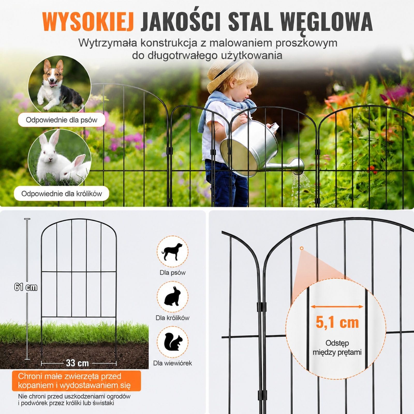 28-elementowe dekoracyjne ogrodzenie ogrodowe z czarnej stali węglowej, łukowe panele, montaż przez wbicie w podłoże
