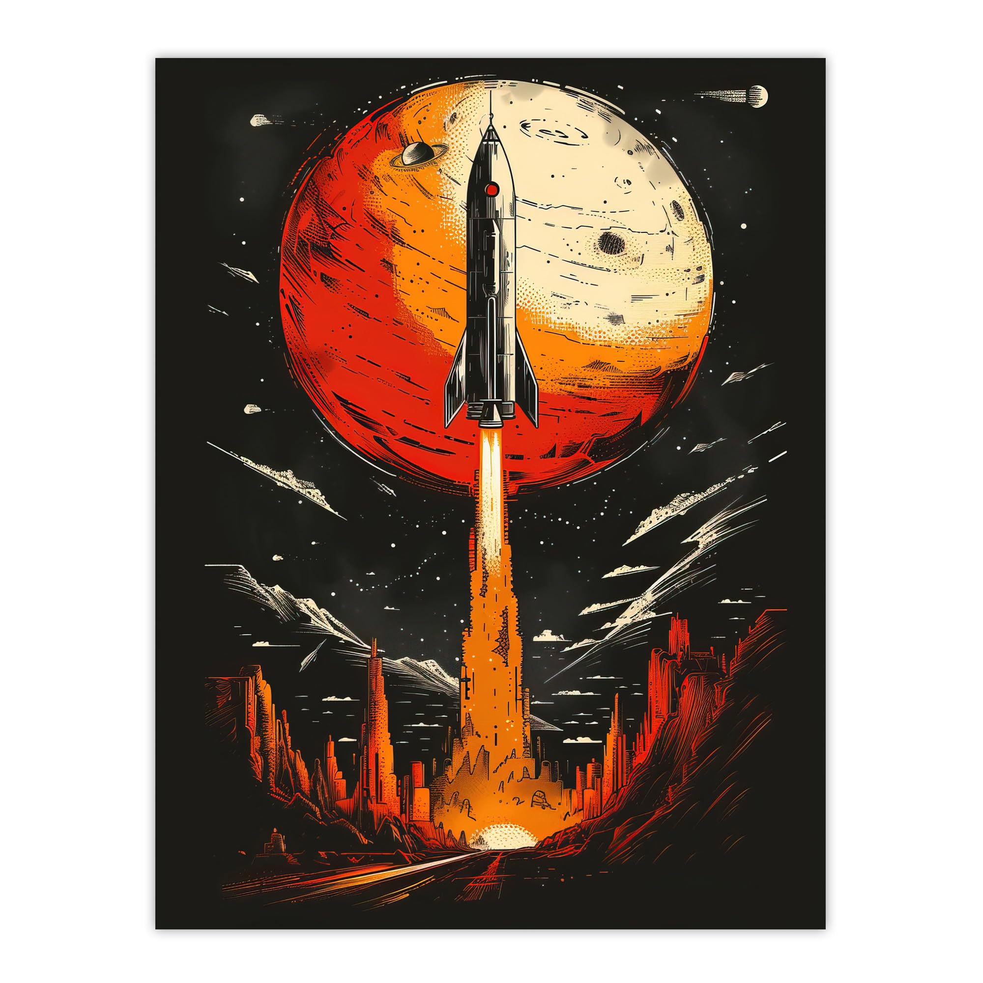 Artery8 Rocket Launch Alien Planets Space Exploration Wall Art Print - Black - W24 inch x H32 inch