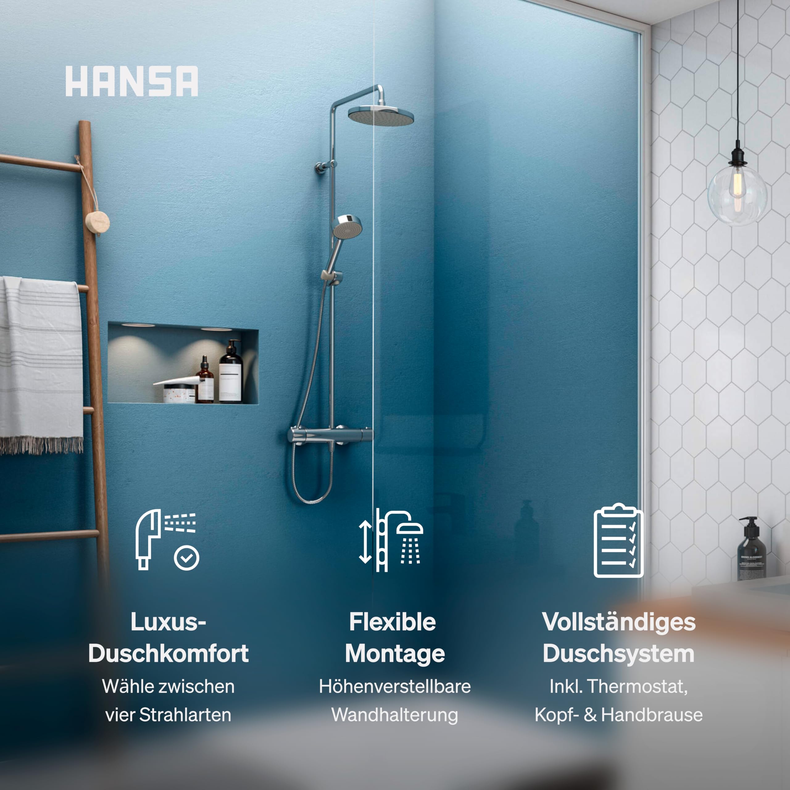 HANSA MICRA Duschsystem | Duscharmatur Komplettset aus Thermostat, schwenkbarer Regendusche, Duschkopf mit Schlauch und wasserführender Duschstange | Kopfbrause & Handbrause mit 3 Strahlarten | Chrom