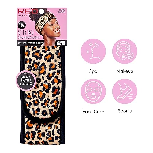 Miniatura 8 de Red by Kiss Diadema de spa para lavar la cara, banda ajustable para maquillaje facial, forro de satén sedoso, tela de rizo con cinta mágica, máscara