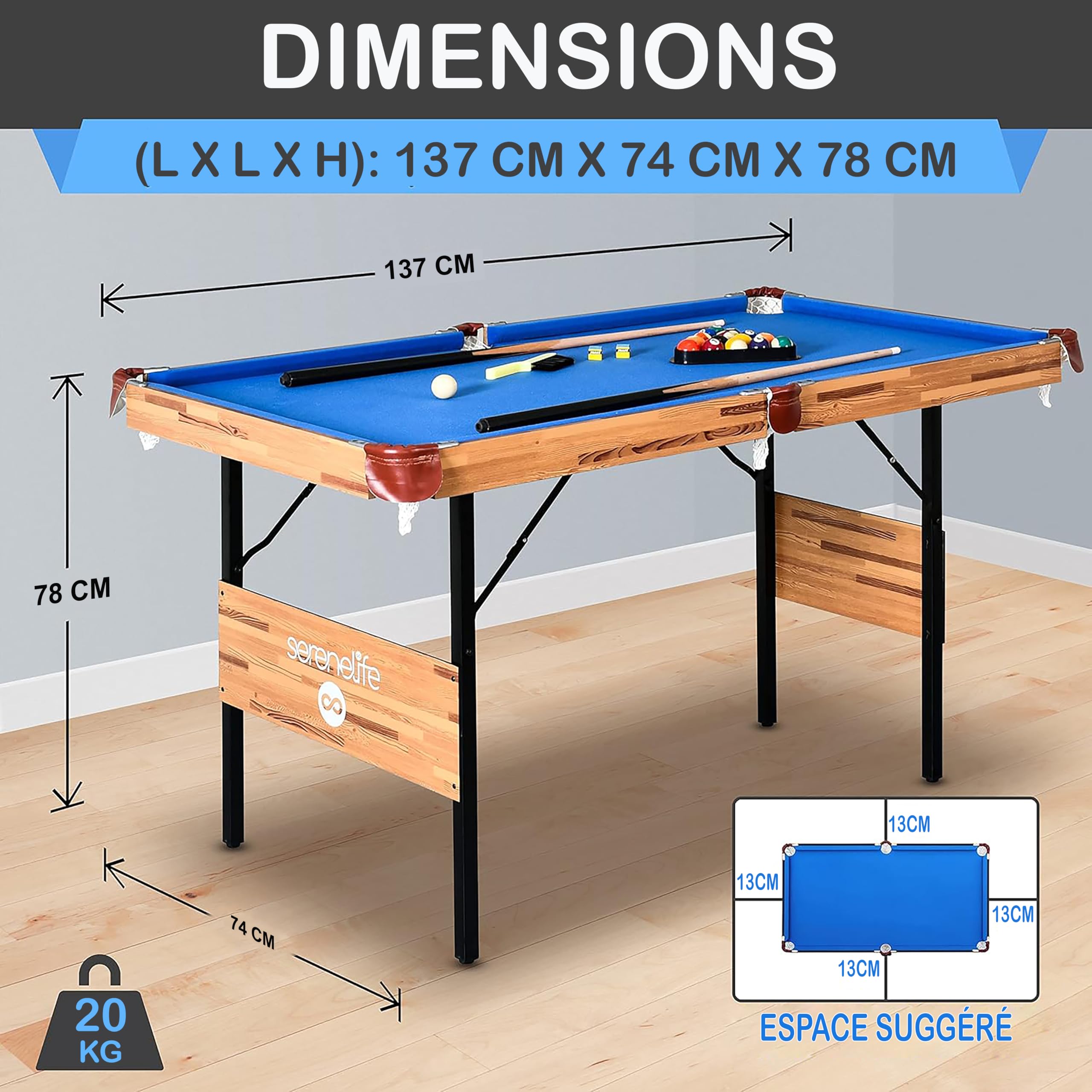 SereneLife Billard-Table de Billard Pliable de 1,4m, Portable,pour Enfants/Adultes,avec Accessoires, Jeux d'intérieur et d'extérieur avec Queues, Boules et Triangle, Bleu