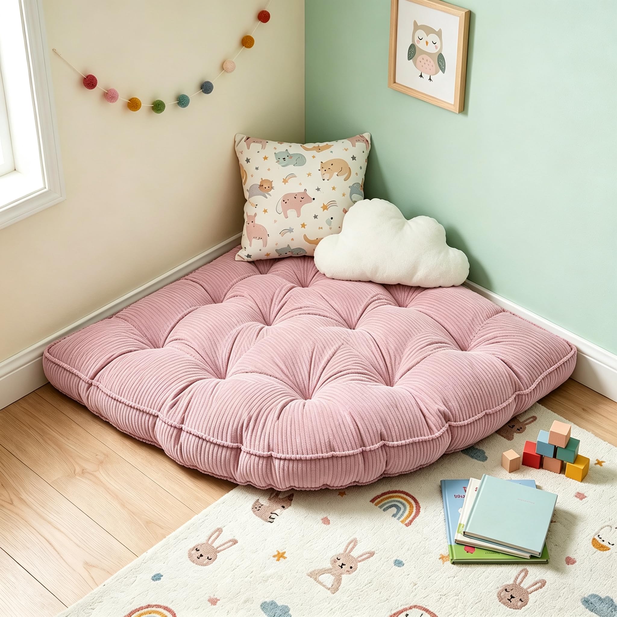 ShowyLive Large Corner Floor Cushion, 100x100cm Radius Kids Floor Pillows