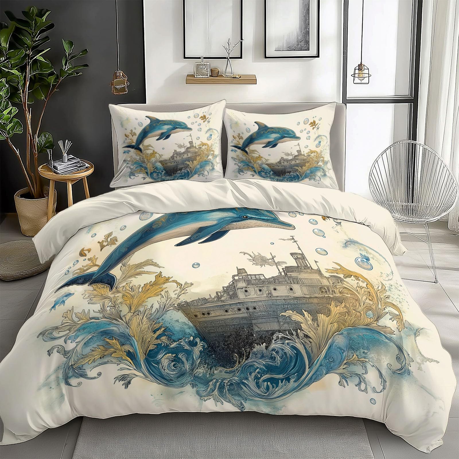 Housse de couette 200x200 dauphin beige avec 2 taies d'oreiller pour lit 2 personnes en microfibre