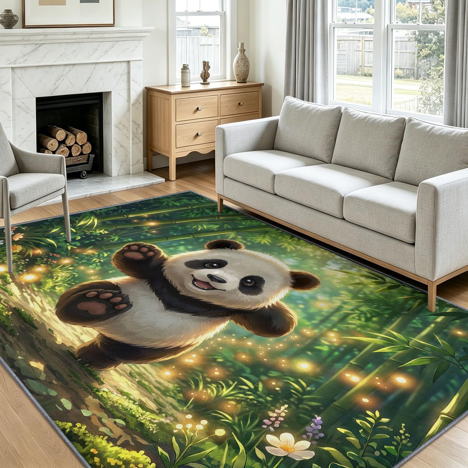 Alfombra antideslizante de bambú con diseño de oso panda y animales de dibujos animados, 160 x 230 cm, alfombra antideslizante para dormitorio, sala de estar, alfombra de suelo de pelo corto que no se