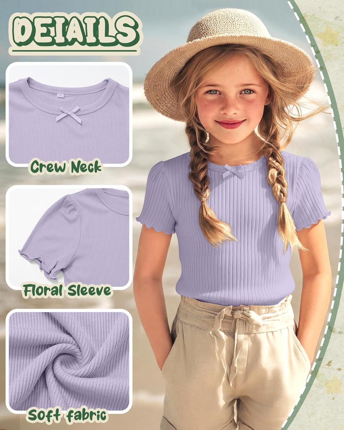 4 Pack Girls' Puff Short Sleeve T-Shirts 5-14 Years Cotton Ribbed Crew Neck Tops Fitted Lettuce Trim Bow Tie Tees
