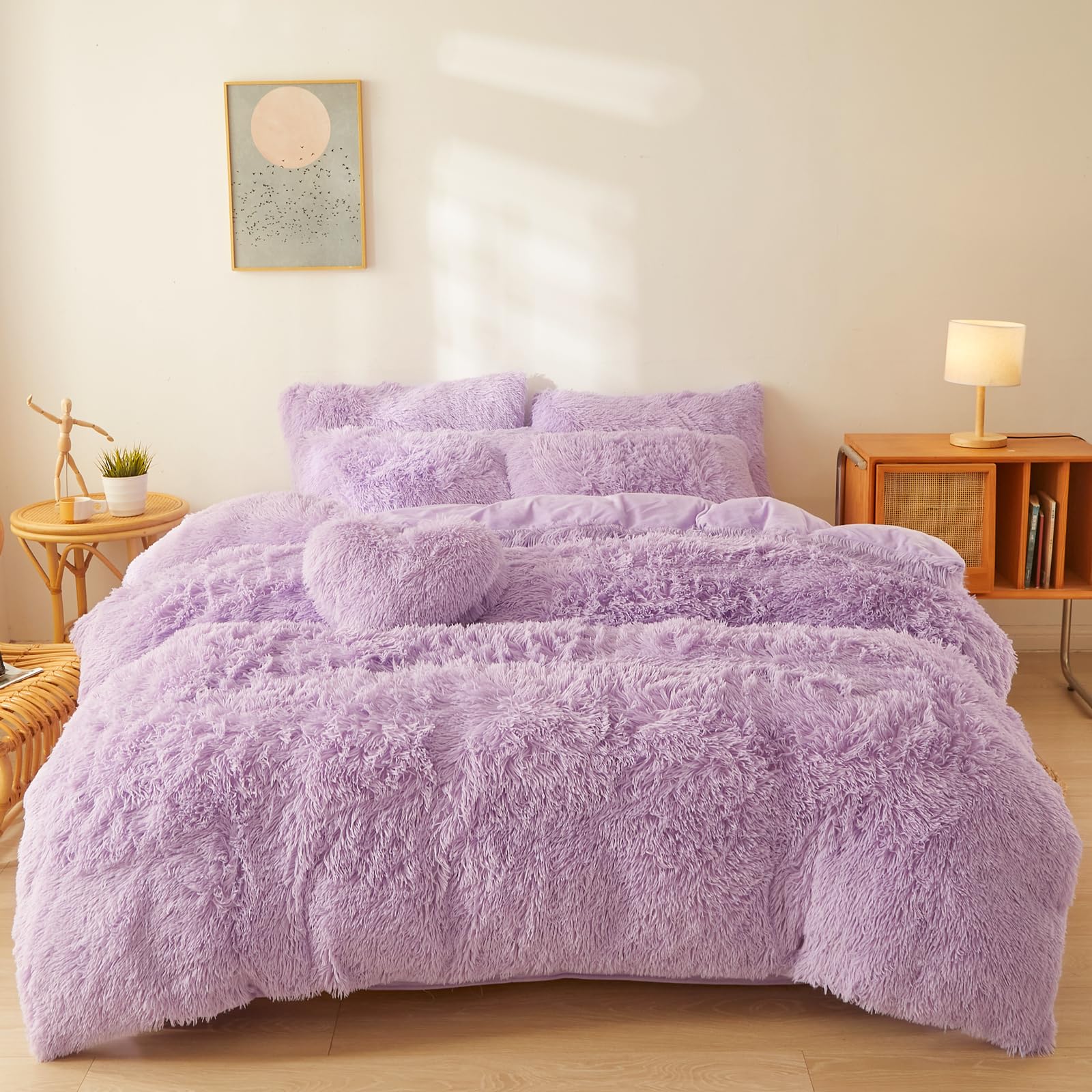 FOPPA Plush Fluffy Comforter Cover Set Queen - Ultra Soft Faux Fur bedding sets with 1 Plush Duvet Cover and 2 Shaggy Pillow cases (Queen, Lilac)